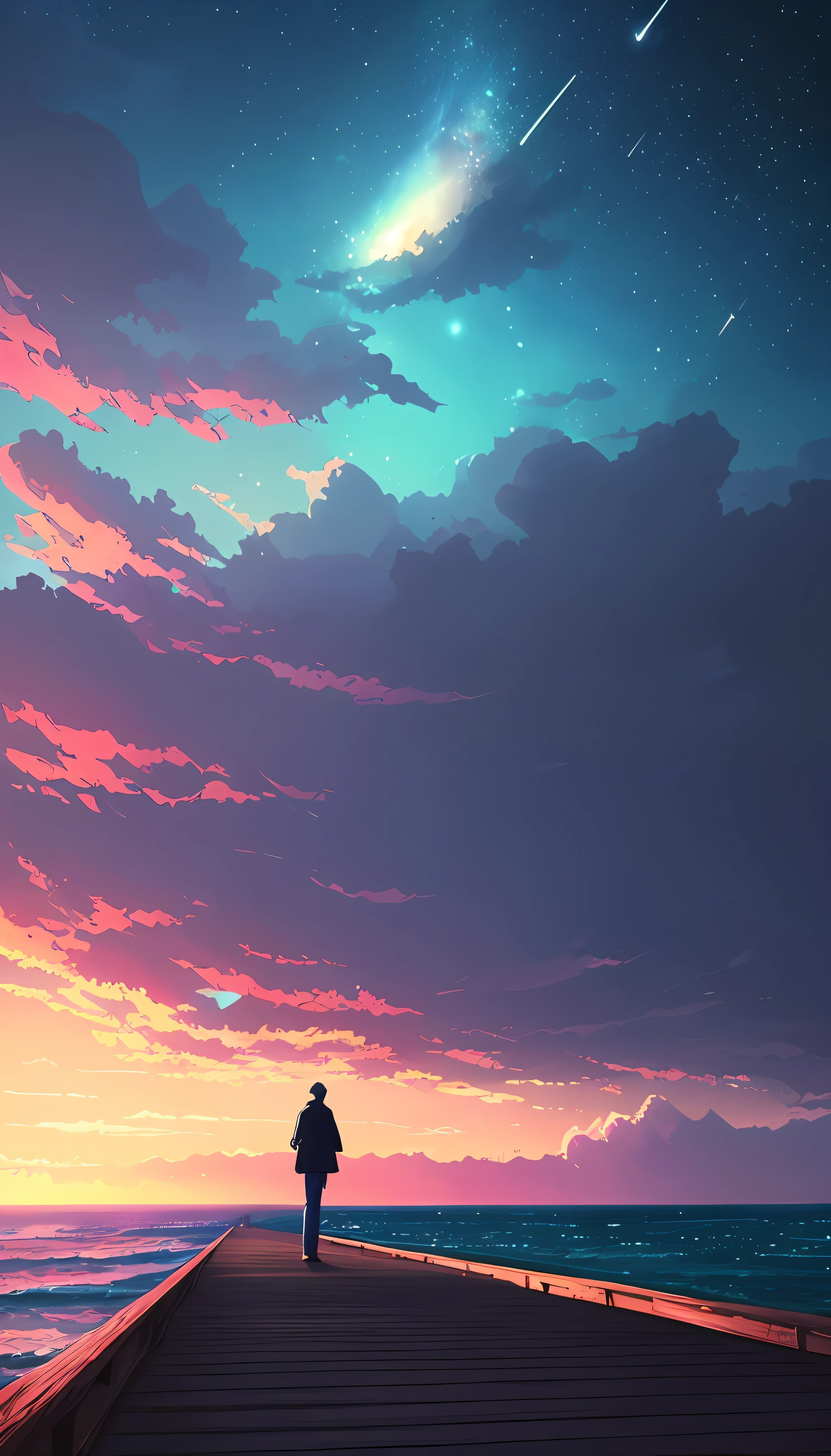 anime scene of a man standing on a pier looking at the stars, makoto shinkai cyril rolando, cosmic skies. by makoto shinkai, makoto shinkai. digital render, reflections. by makoto shinkai, makoto shinkai. octane render, style of makoto shinkai, in style of makoto shinkai