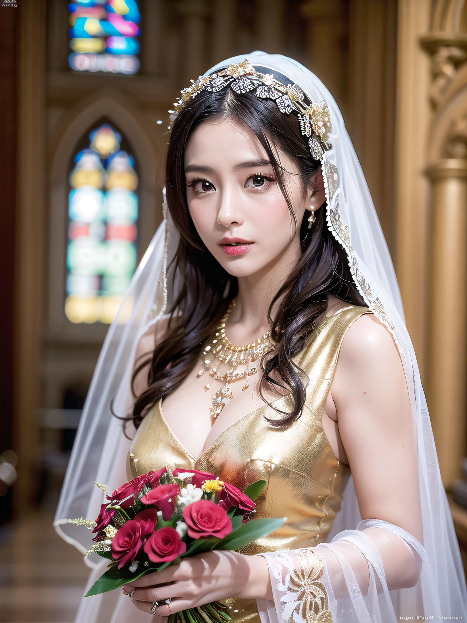 Top Quality, Ultra High Resolution, (Photorealistic: 1.4), Cinema Light, Depth of Field, Beautiful Face, (PureErosFace_V1:0.8), |1 Girl, Fan Bing, Woman in Red Dress and Gold Jewelry, Fan Bing Fashion, Colossal, White Cloak, Intricate Design, Cathedral Background, Extra Long Wavy Brown Hair, RAW, Beautiful Women, (Detailed Face), (Detailed Facial Features), (Fine Detailed Skin), Pale Skin, (Masterpiece), Perfect Proportions, Realistic Photo, Full Shot, Full Body, (Body Portrait), ((with Bouquet)), ((Wearing a Veil)),