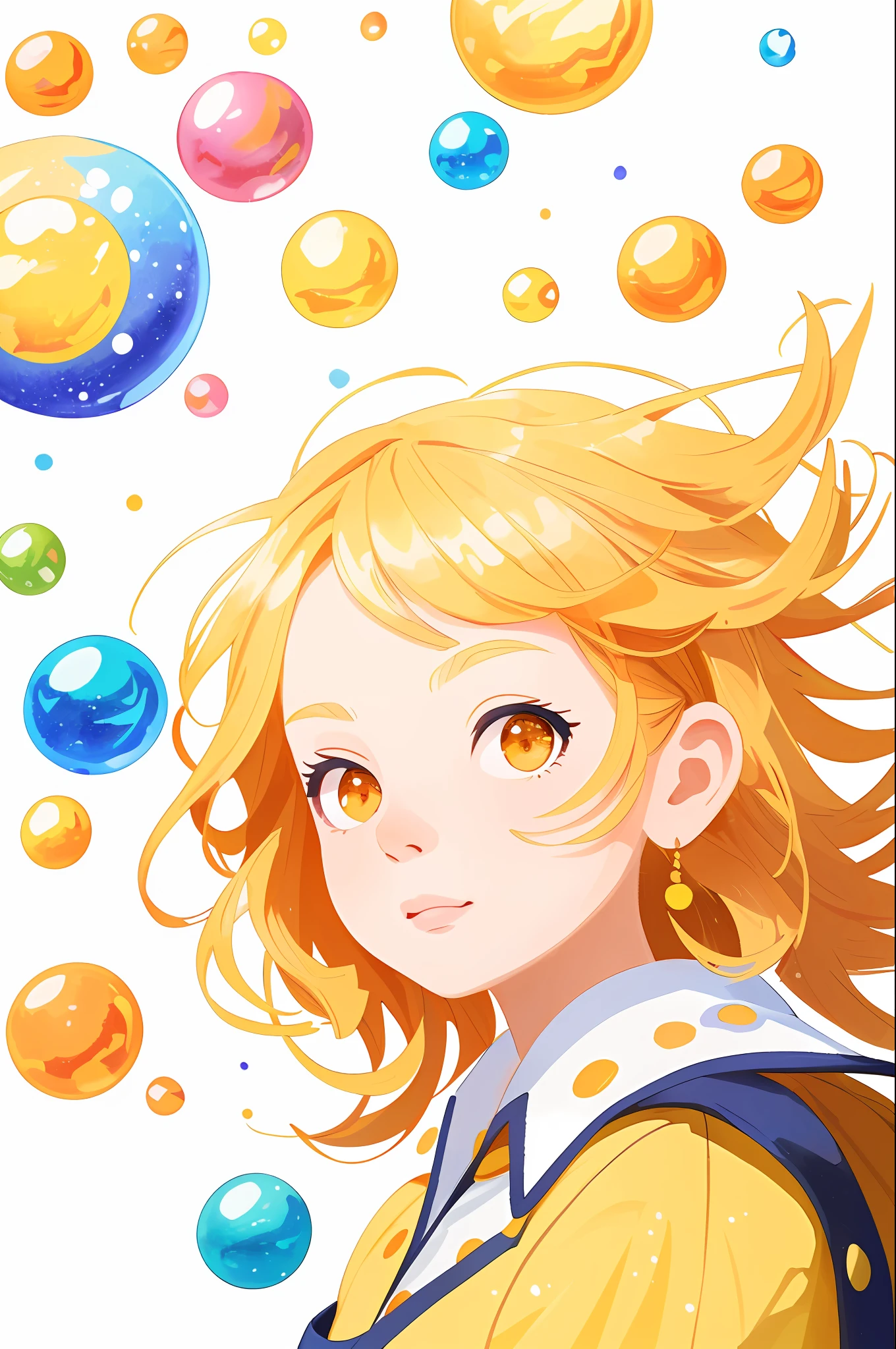 ((Masterpiece)), (Highest Quality)))), ((Super Detailed)), ((Illustration),[Realism Light Effect],Shadow,(Fantasy Style),(White Background:1.6), Simple Background,((1 Girl)),(Background Hair),(High Saturation),(((Masterpiece))),(Highest Quality),((Ultra Detail)),(Illustration),(Dynamic Angle),(Float)),(Paint),( (disheveled hair)),((Beautiful detail face)),collar,bare shoulders, ((Golden hair))),(Long hair),(Cropped bangs:0.8)Beautiful detailed eyes,(Orange eyes),(Colorful background))),(Saturated water),(Surrounded by colorful dots))))), ((surrounded by colorful dots)))), colorful bubble, (((sparkling)),