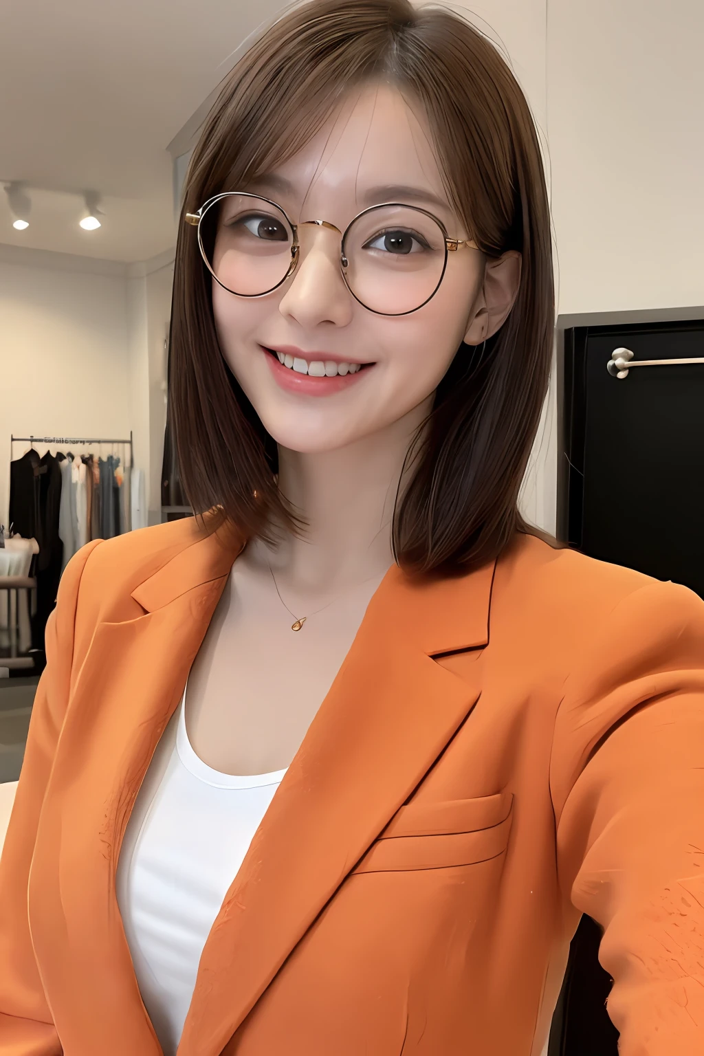 (Best quality, 8k, 32k, Masterpiece, UHD:1.2),Photo of Pretty Japanese woman, red round glasses,very short hair, frizzy brown hair,smile,UHD image,upper body,(orange suit:1.1),white T-shirt,looking at around