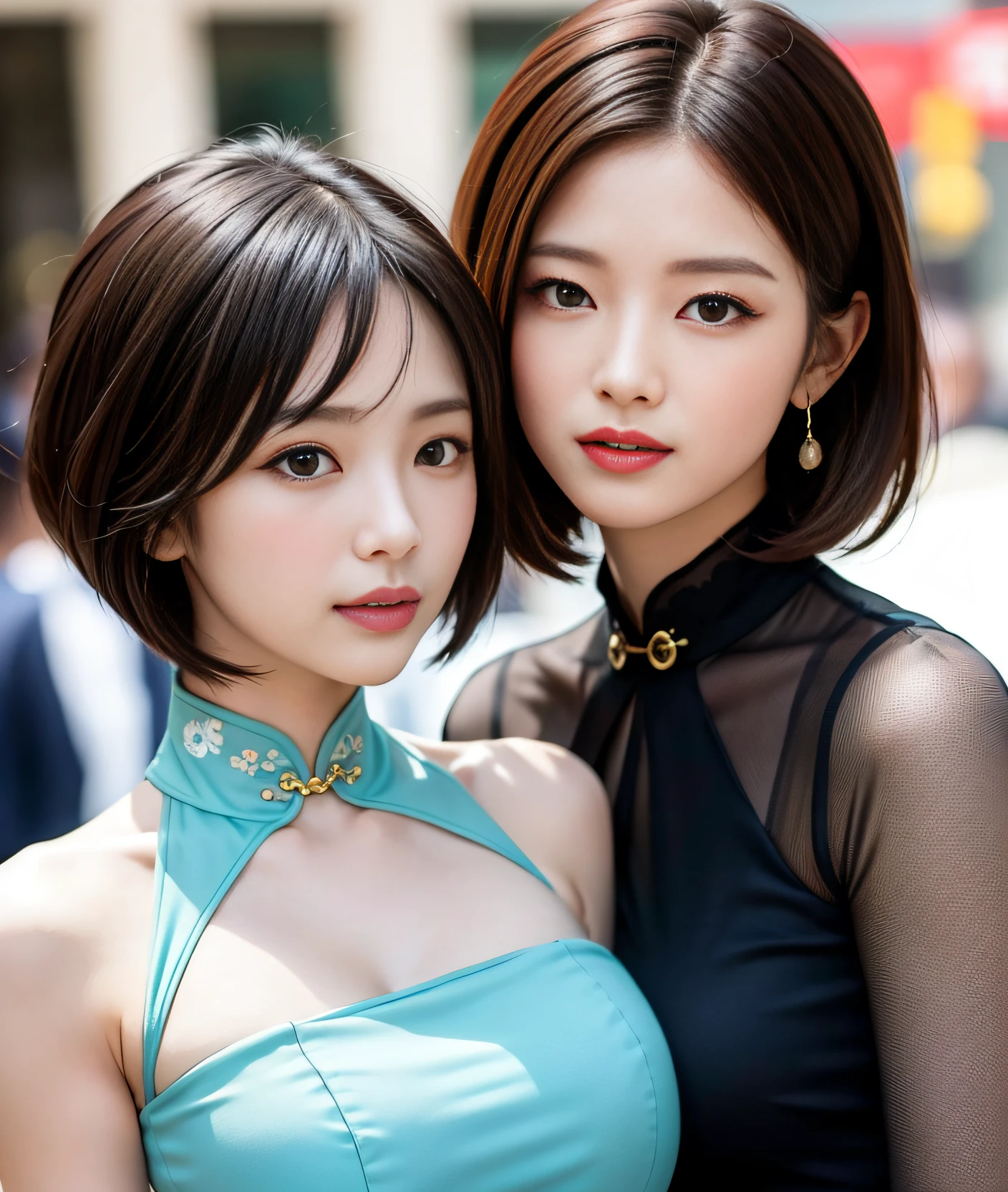 A beautiful girl, exquisite facial features, exquisite face, black Hong Kong style short hair, exquisite hairstyle, beautiful and pure, refined temperament, model figure, slim and slender figure, noble cheongsam, upper body close-up, 8k resolution, the highest picture quality, real texture 5.0, Cosmo Lady, street, chairman secretary, mature women, thin face