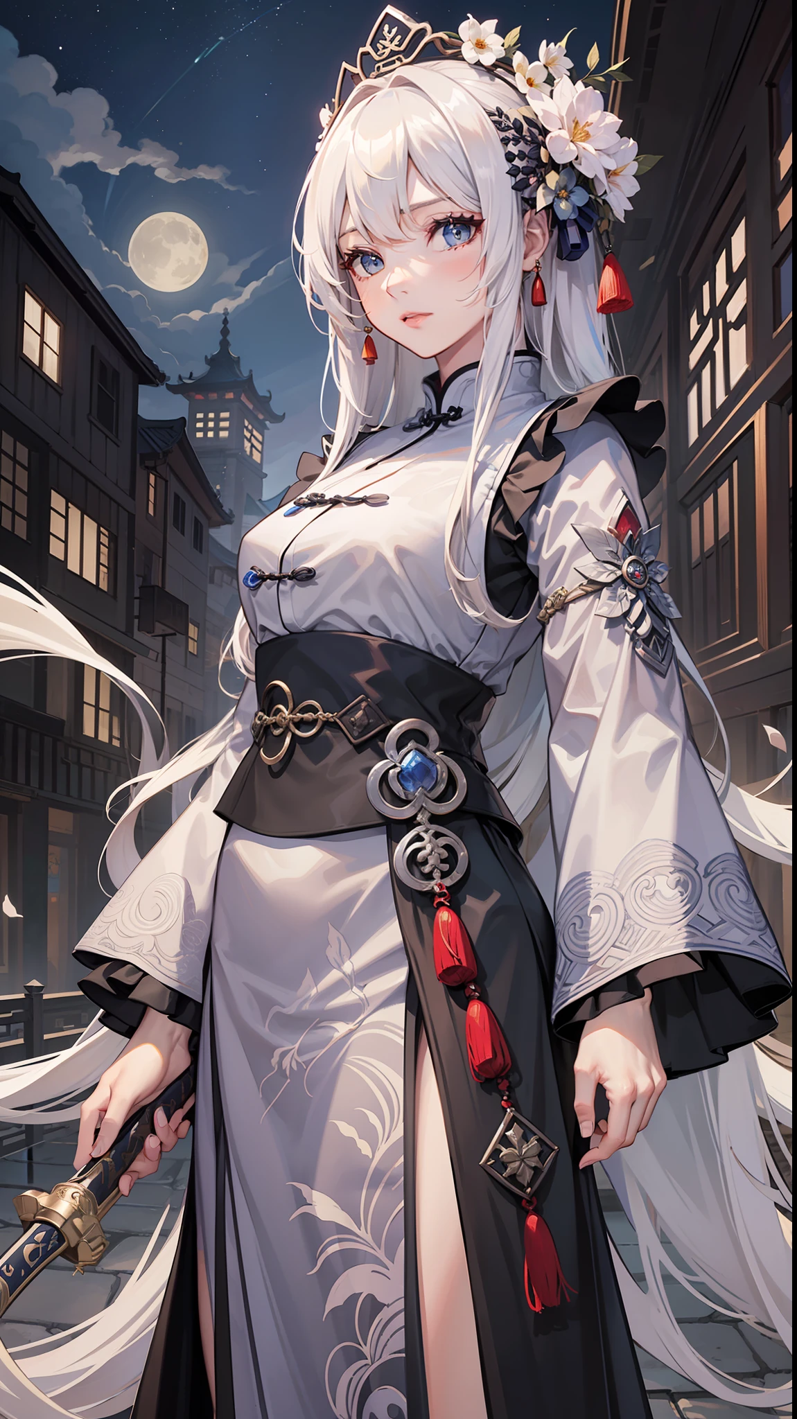 a girl worrier with white hair fighting in chinese ancient battlefield holding a long-handled cleaver, white hair, side face, white stream around, a long-handled cleaver with green chinese dragon on blade, very long handle made by red wood, handle is twice as long as the blade, Using three iron rings as decoration on the blade, a green dragon Breathing fire, game cg, full body, black thighhighs, black stockings, gold jewelry, chinese ancient battlefield with blue sky and white cloud background, (uhd:1.2)