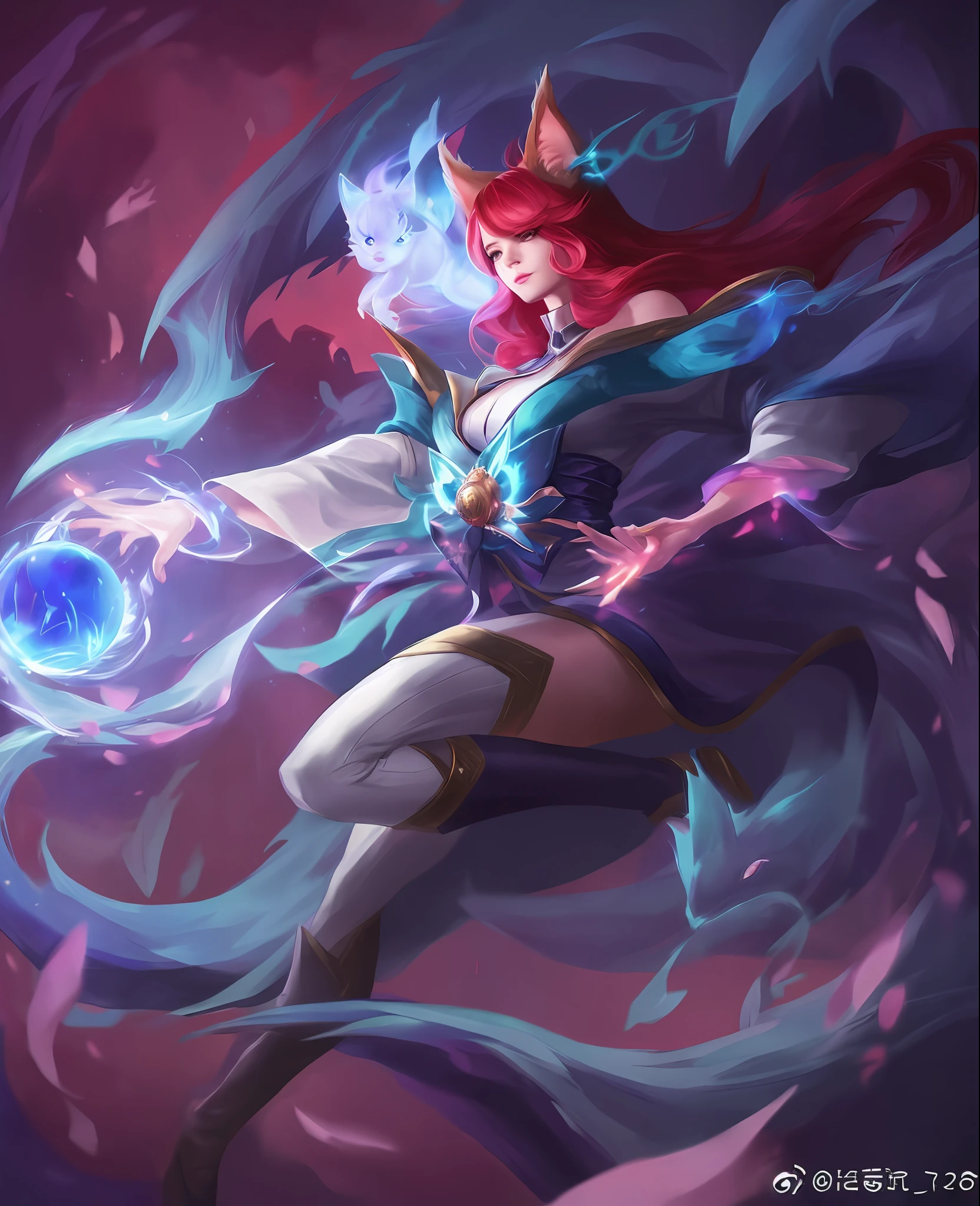 a woman with a red hair and a blue dress holding a glowing ball, ahri, portrait of ahri, league of legends character art, league of legends art style, league of legends style art, from league of legends, miss fortune league of legends, ahri from league of legends, league of legends character, official splash art, league of legends arcane