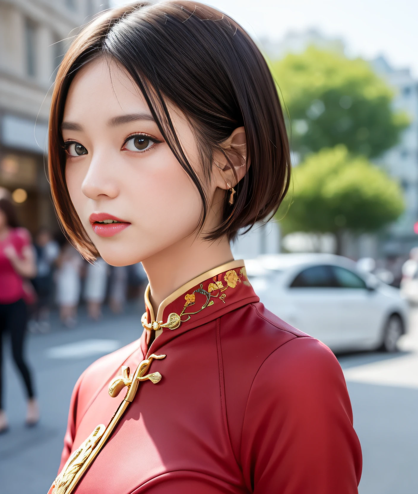 A beautiful girl, exquisite facial features, exquisite face, black Hong Kong style short hair, exquisite hairstyle, beautiful and pure, refined temperament, model figure, slim and slender figure, noble cheongsam, upper body close-up, 8k resolution, the highest picture quality, real texture 5.0, Cosmo Lady, street, chairman secretary, mature women, thin face