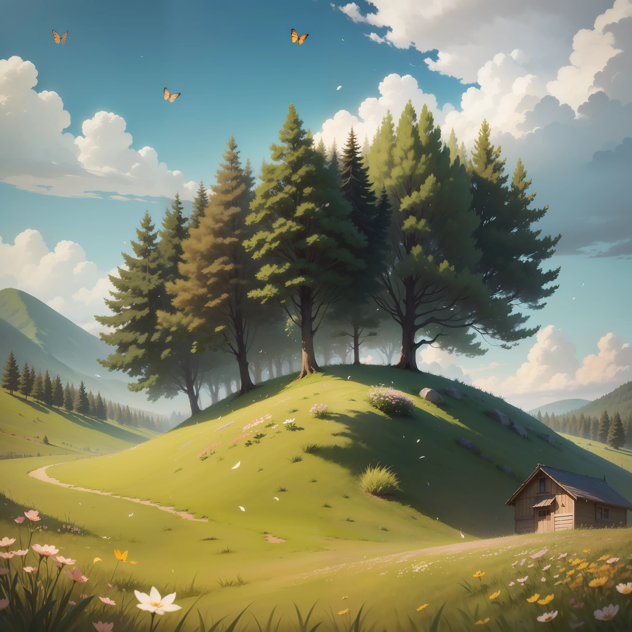 Spring, small hills, white clouds, sunlight, distant forest, grassland, vista, grass under the screen, butterflies flying in the grass, petals scattered on the ground on the brown ground in front of the screen, green leaves on both sides of the screen, picture ratio 1:1, very detailed, best quality.