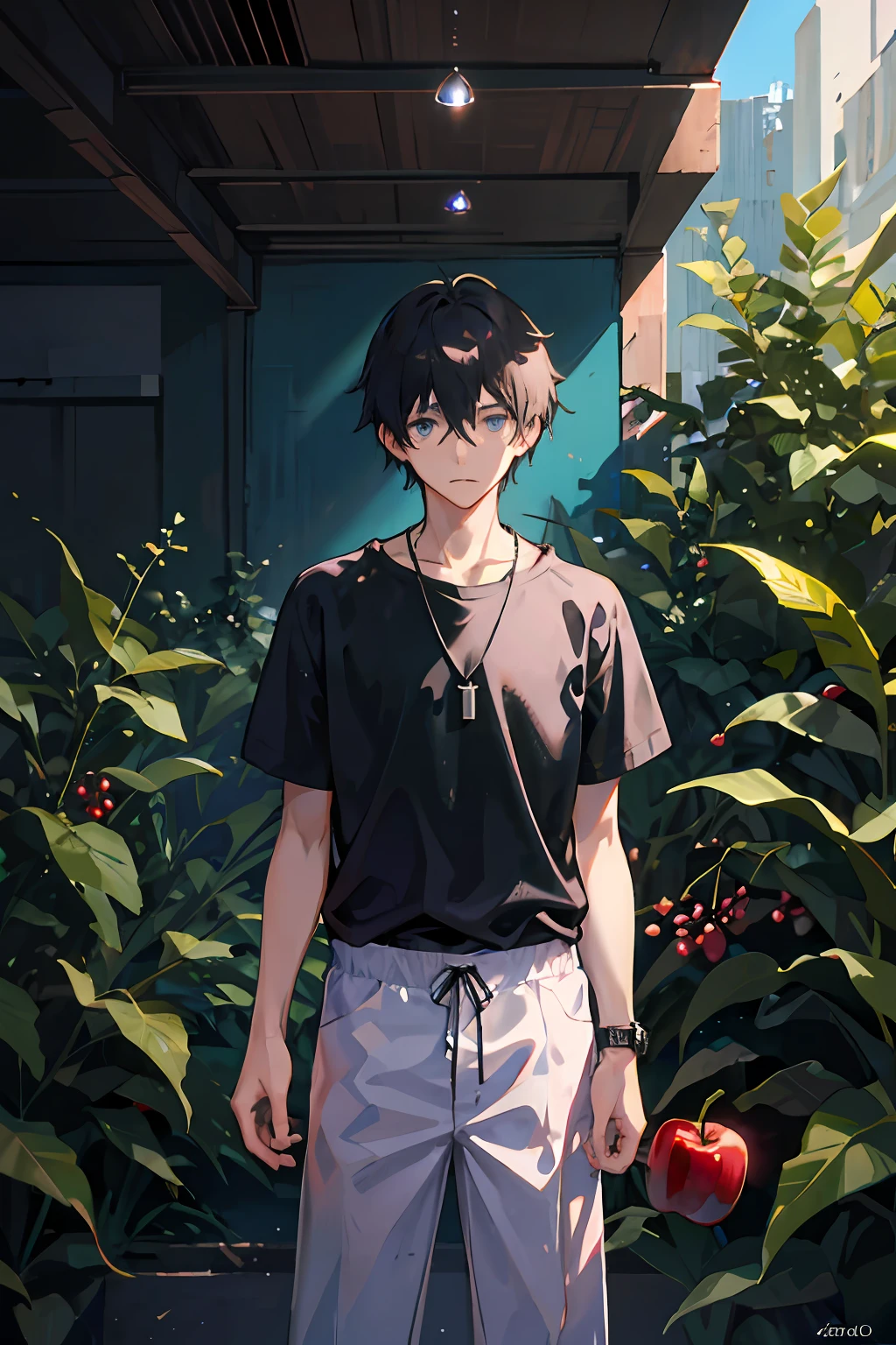 1boy, apple, bangs, berries, black hair, black shirt, blue eyes, hair between eyes, jewelry, leaves, looking at the audience, male focus, necklace, pants, shirt, solo, watch, white pants, watch, messy hair, trends on artstation, 8k resolution, very detailed, anatomically correct, clear images, digital painting, concept art, fashion trends on pixiv, Makoto Shinkai's style,