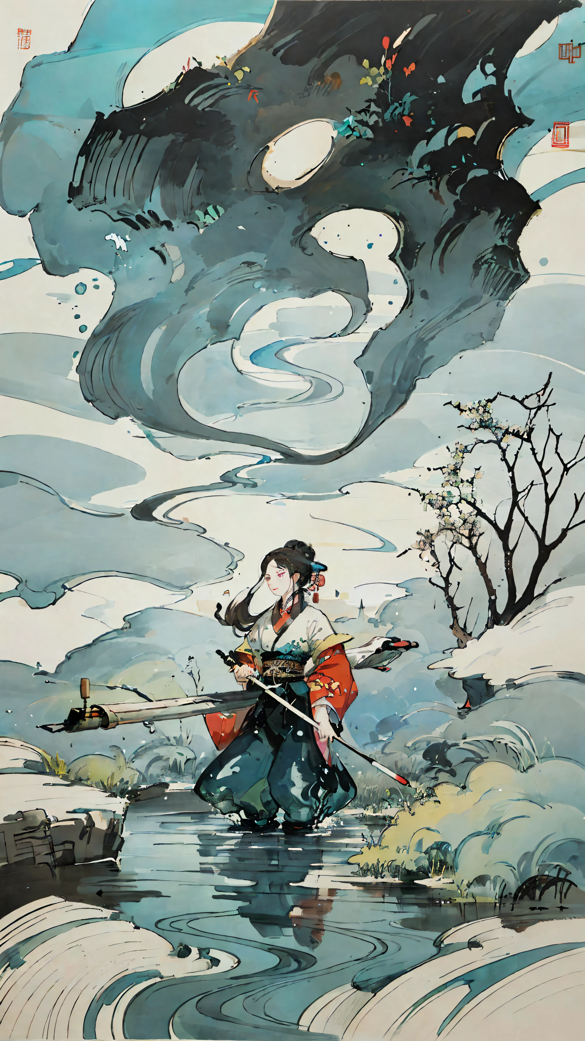 (best quality), oriental detailed background, cloudy, psychedelic, landscape, shops, ponds, villages, mountains and rivers, chinese style, clouds, chinoiserie texture, elegant, painted, ((chinese color ink)), (chinese color ink painting style))), (((masterpiece))), (bestquality))), ((super detailed, very precise detail)) , (gone with the flow), (illustration), (amazing), (absurd), (sharp focus), ((extremely fine)) ,((high saturation)), (splashing colored ink around), ((colorful), light color,