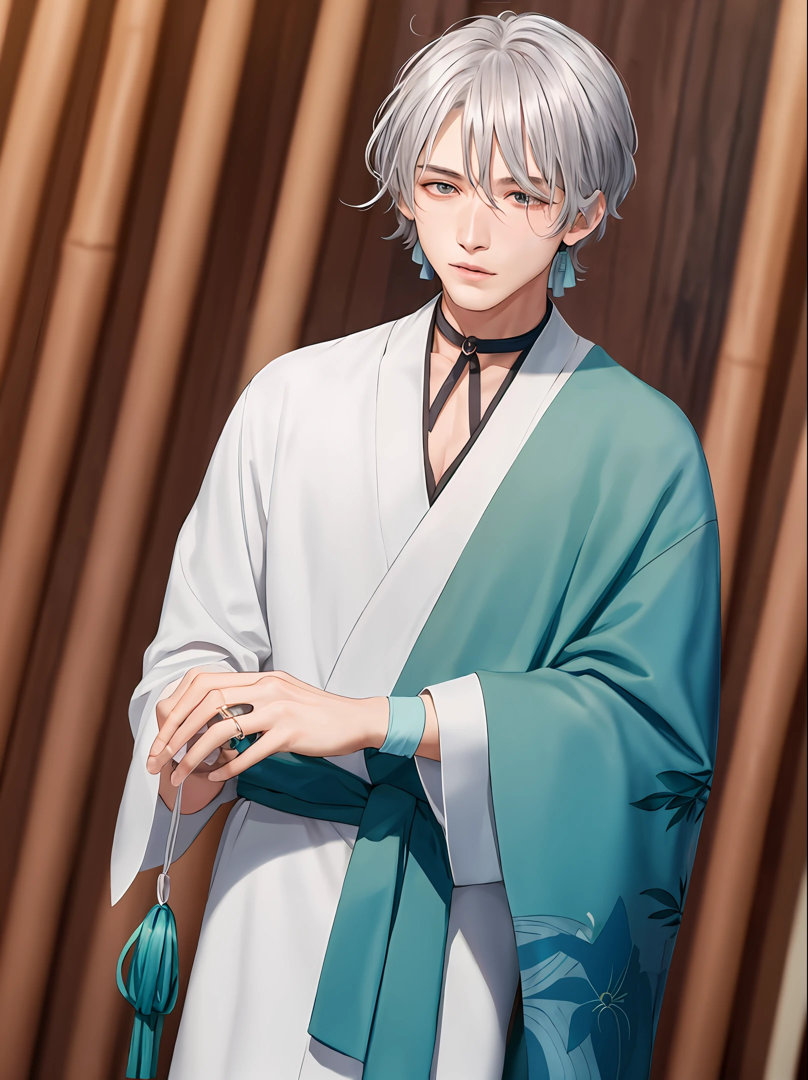 Black coiled hair and a cyan ribbon embroidered with bamboo leaf patterns
Wearing a white undershirt, a slanted collar, and a dark robe, the hem is silver cloud dark pattern
The waist is tied with a drapery, and it is tied with a ring-shaped lotus jade pendant
The left wrist is wrapped in a bandage