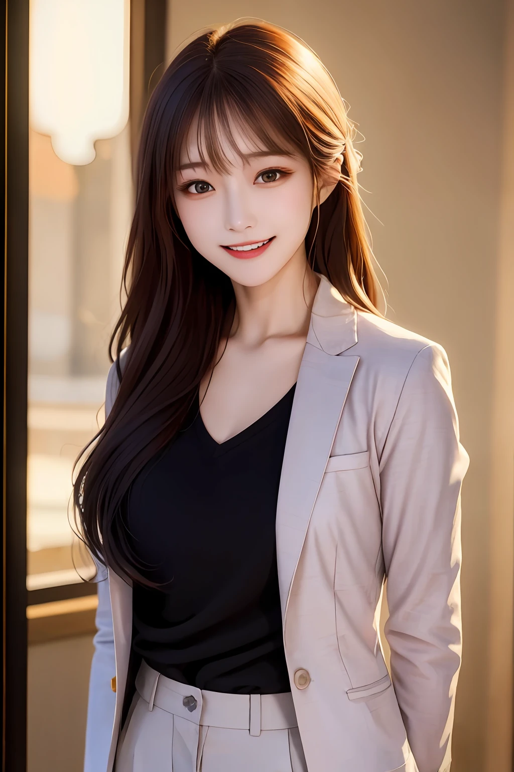 (8k, RAW photo, ultra high res, best quality, masterpiece:1.2), (realistic illustration), (extremely detailed CG unity 8k wallpaper), absurdres,
1 girl,21 yo, beautiful face,medium breasts,black medium hair,smile,tilting head,grin,upper body,slim fit pants,gray tailored jacket,office,upper body、乃木坂アイドル、女優、韓国アイドル