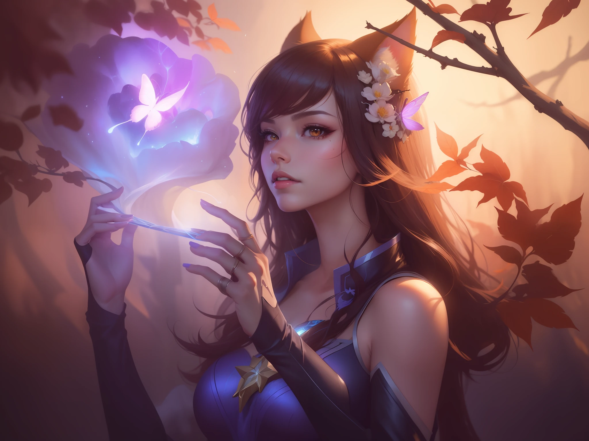 anime, a woman with a butterfly in her hand, holding a glowing star, portrait of ahri, extremely detailed artgerm, artgerm detailed, artgerm lau, fantasy art style, style artgerm, ! dream artgerm, artgerm and atey ghailan, ahri, artgerm art, artgerm and rossdraws
