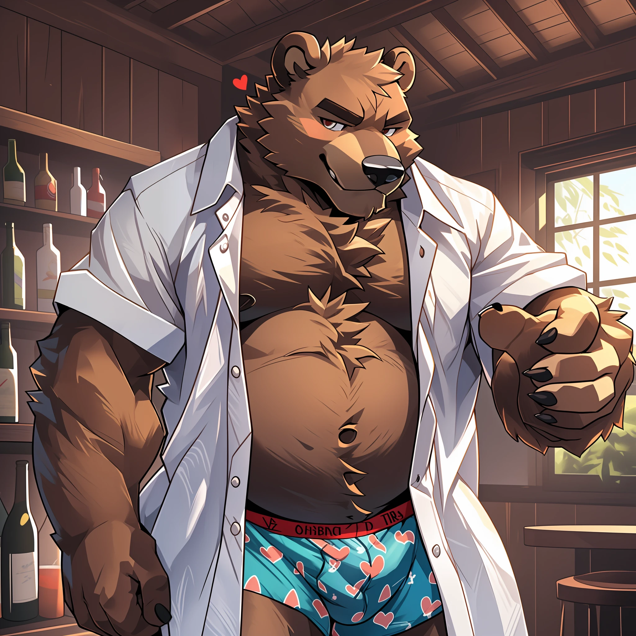 Furry ((dilf Brown bear)), ((white and red hearts pattern oversized loose boxers 1.4)) loose boxers ((solid white Open dress shirt)) furry art, digital art, chubby, high Quality, hairy chest, (white and red hearts pattern 1.1) house, standing (drunk) (open shirt) smirking,