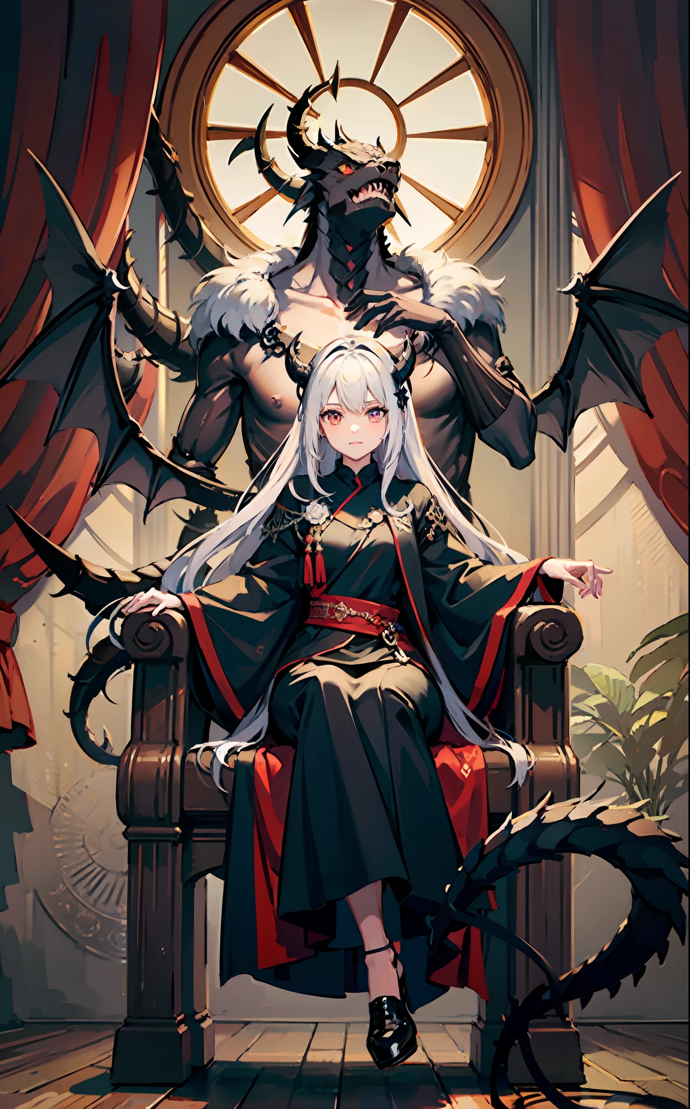 Sitting on the throne, majestic, black dragon robes