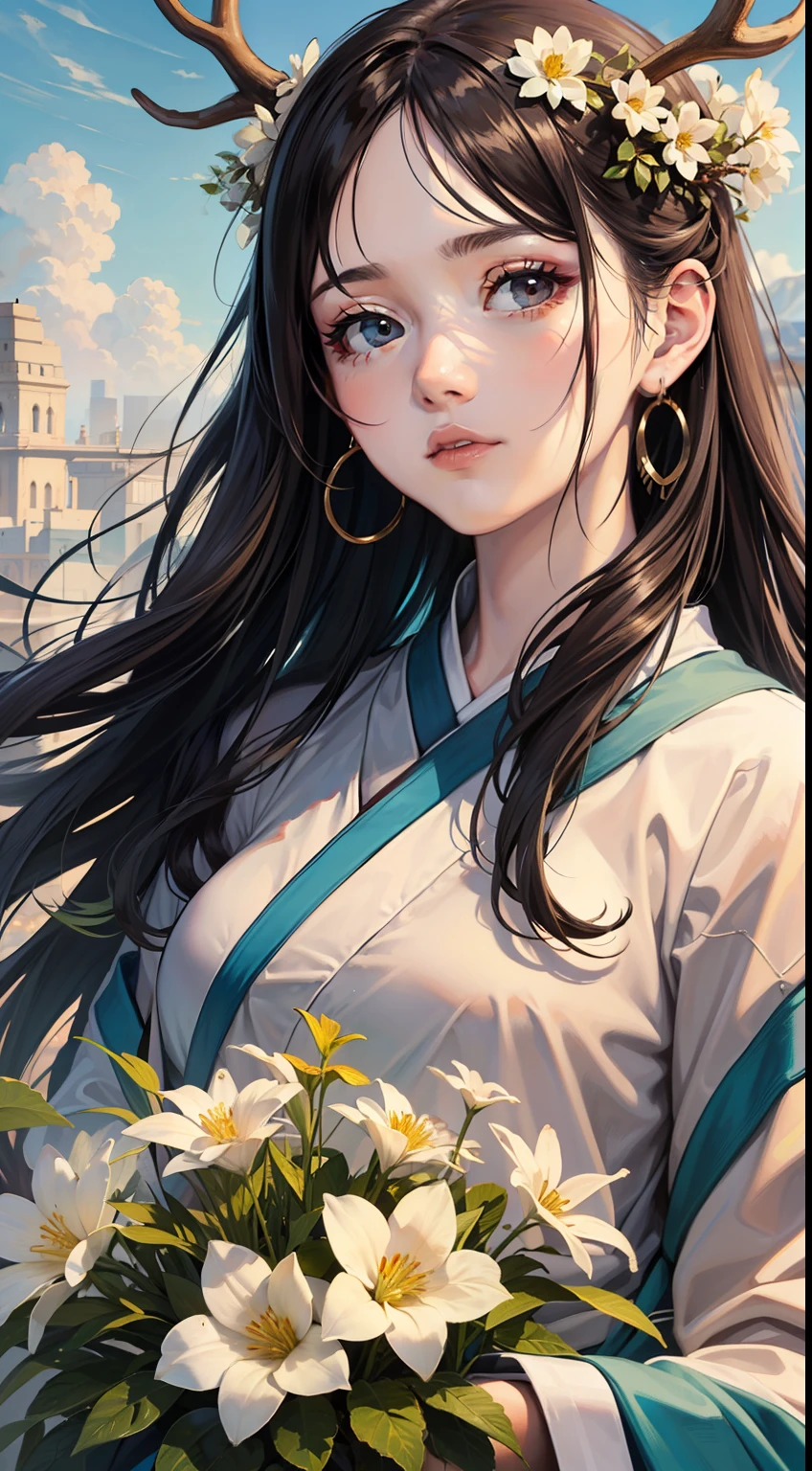 hyperrealistic, photorealistic, (((masterpiece))),(((best quality))),((ultra-detailed)), ((illustration)),highres, [depth of field],
1girl,hanfugirl, mature female, solo, detailed (beautiful face) with (detailed eyes) and closed mouth, medium breasts, thighs, antlers,
very long hair, floating hair, bangs,
detailed (colorful hanfu),earrings,
(cloud sky), mountain, river, flowers, grass,(wind), garden, sunlighting,
masterpiece, best quality,