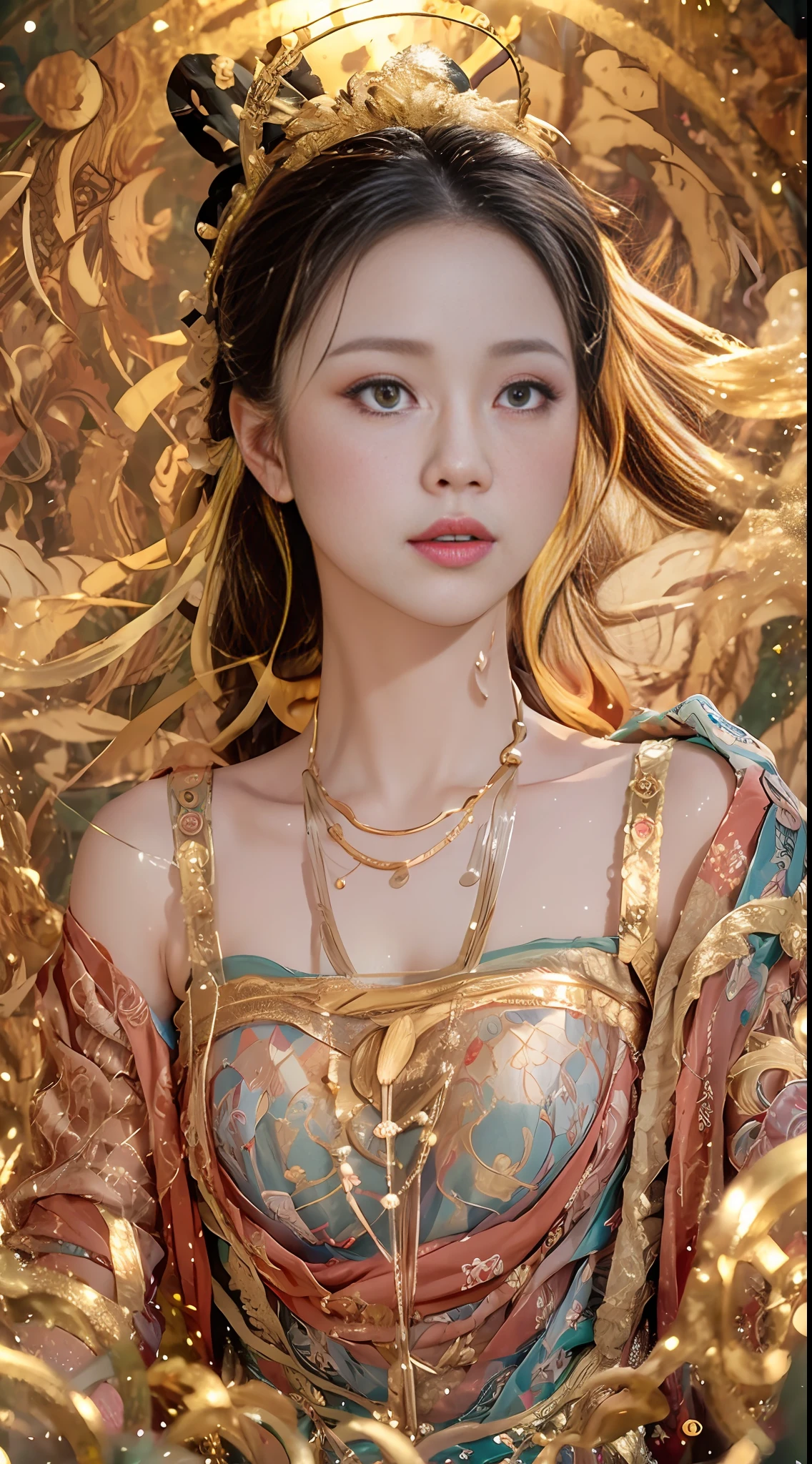 Beauty blogger's recommended app homepage, asking for women's side faces, display of cosmetic products, from left, beautiful romantic skin impeccable, 8k portrait of beautiful young woman semi-submerged in fog-shrouded lake, intricate, elegant, highly detailed, majestic, digital photography, surrealism wet lacquer gold ribbon with filigree, broken glass, rembrandt lamp, 8k HD, clear outer contour, background blur, shutter 300, FM5