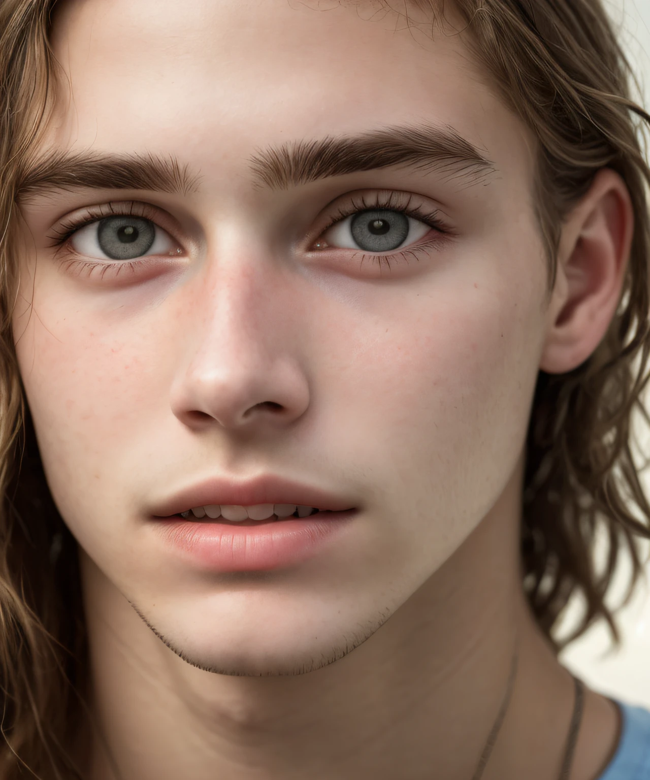 Realistic photo, close-up of dirty young guy aged 15, fashion model , [[close-up]]]], [[[[neck]]]], [[[[shoulders]]]], perfect eyes, perfect iris, perfect lips, perfect teeth, perfect skin, soft front light, glow, HDR (muted colors: 1.2)