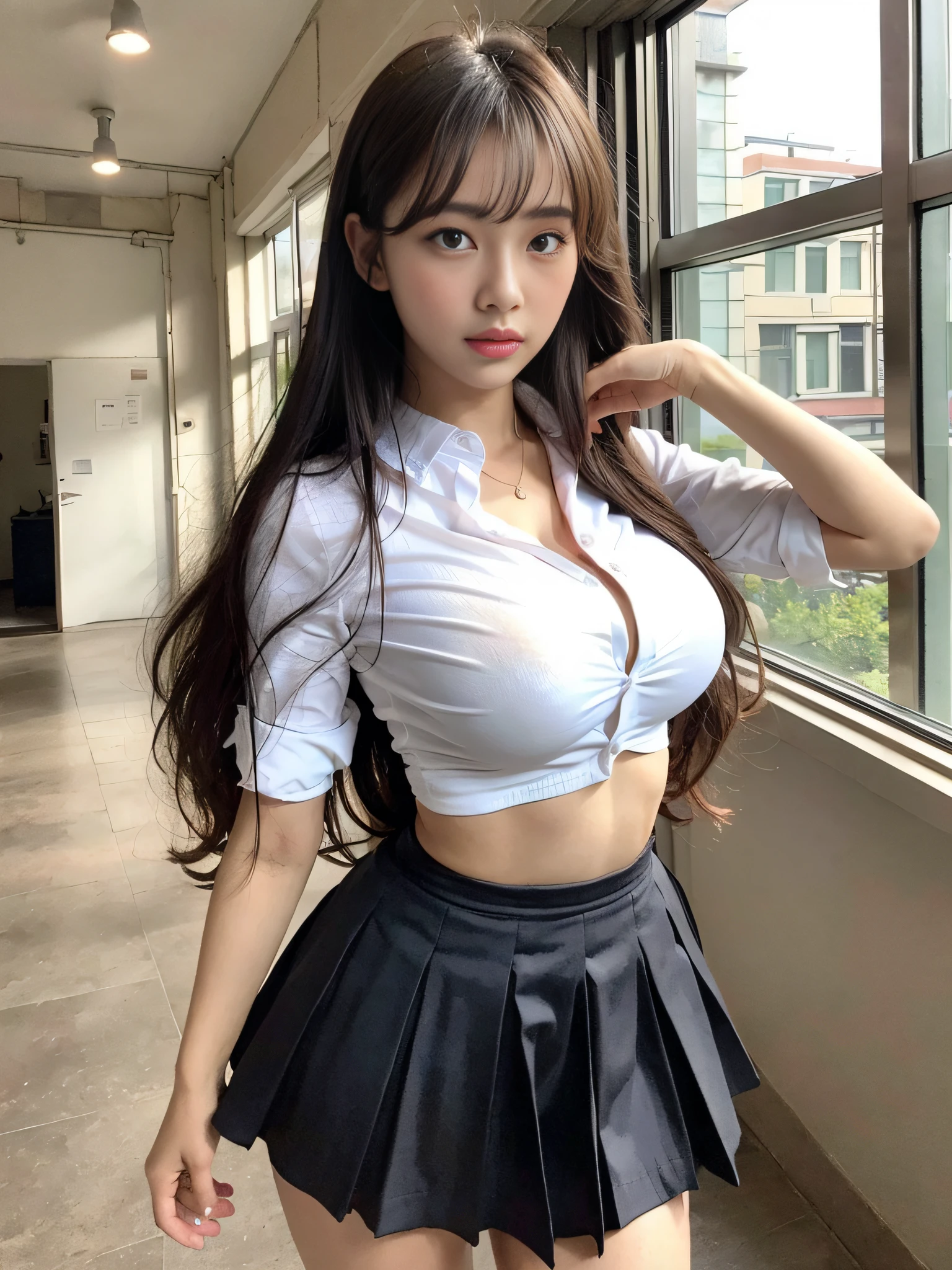 masterpiece, top quality, (realistic, photorealistic: 1.37), 8k, very delicate and beautiful, wonderful, official art with attention to detail, ridiculous, incredibly ridiculous, huge file size, super detailed, very detailed, beautiful detailed girl, very detailed eyes and face, beautiful detailed eyes, light on face, nsfw, one girl, looking at the viewer, (perfect female figure), Slim waist, (kpop idol), (aegyo sal:1), full body, big breasts, standing. , School uniform, checked skirt, collared shirt, abdomen, unbuttoned, open clothing,, with bangs, feminine look, ulzzang-6500-v1.1