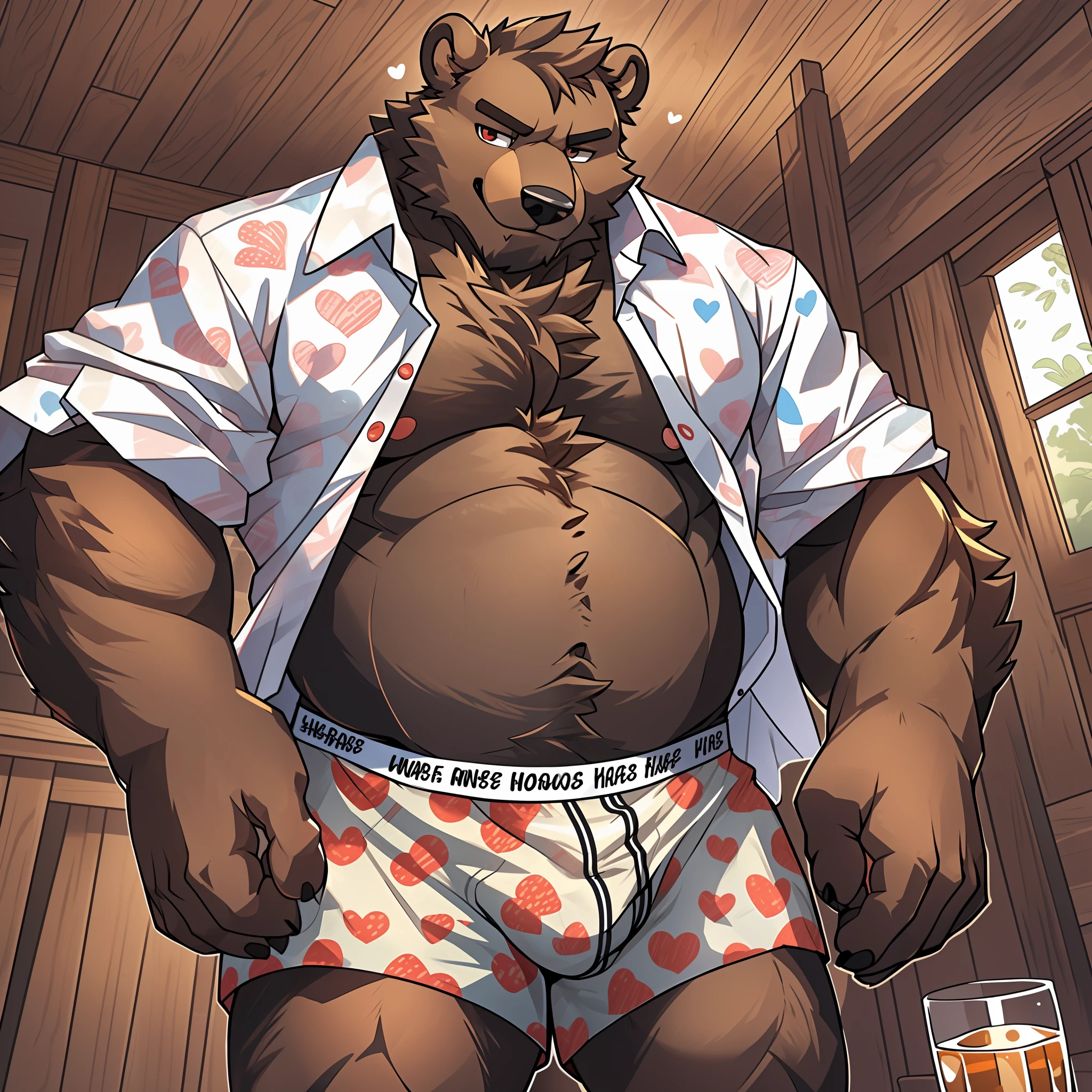 Furry ((dilf Brown bear)), ((white and red hearts pattern oversized loose boxers 1.4)) loose boxers ((solid white Open dress shirt)) furry art, digital art, chubby, high Quality, hairy chest, (white and red hearts pattern 1.1) house, standing (drunk) (open shirt) smirking,