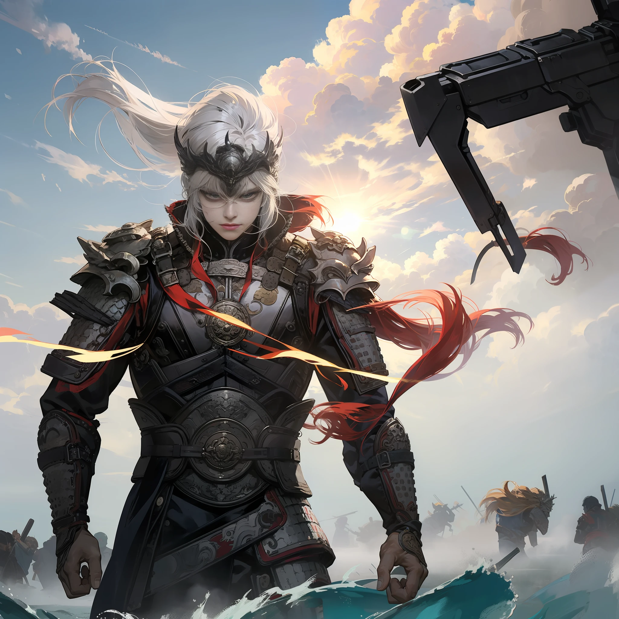 1 girl, gray pupils, textured skin, flowing clouds, epic weapons and scenes, floating hair, surrounding enemies, fight action, anger, upper body, look at the audience, best quality, 32k