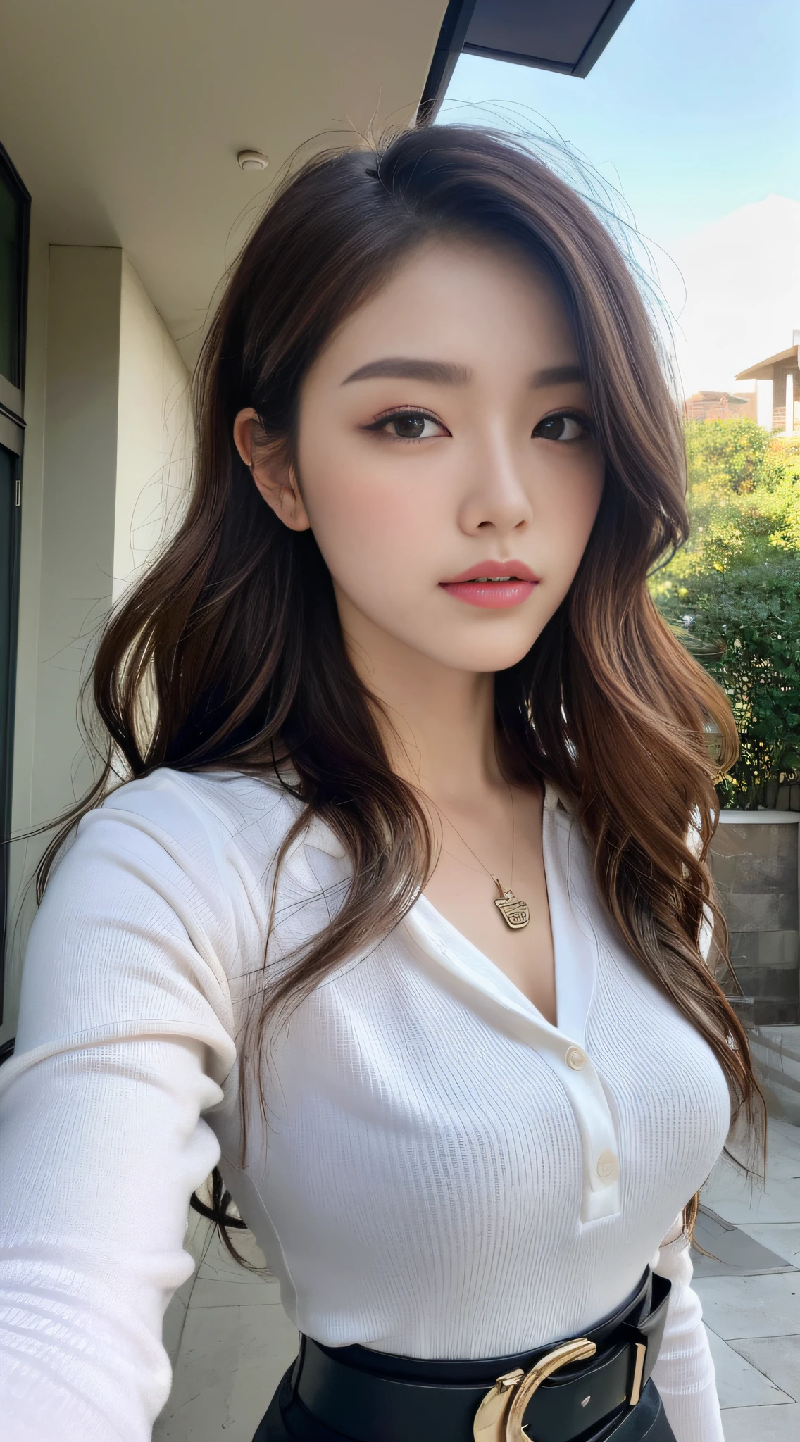 (Best quality, High resolution, Masterpiece :1.3), A tall and pretty woman, Slender abs, Dark brown hair styled in loose waves, Breasts, Wearing pendant, White button up shirt, Belt, Black skirt, (Modern architecture in background), Details exquisitely rendered in the face and skin texture, Detailed eyes, Double eyelid