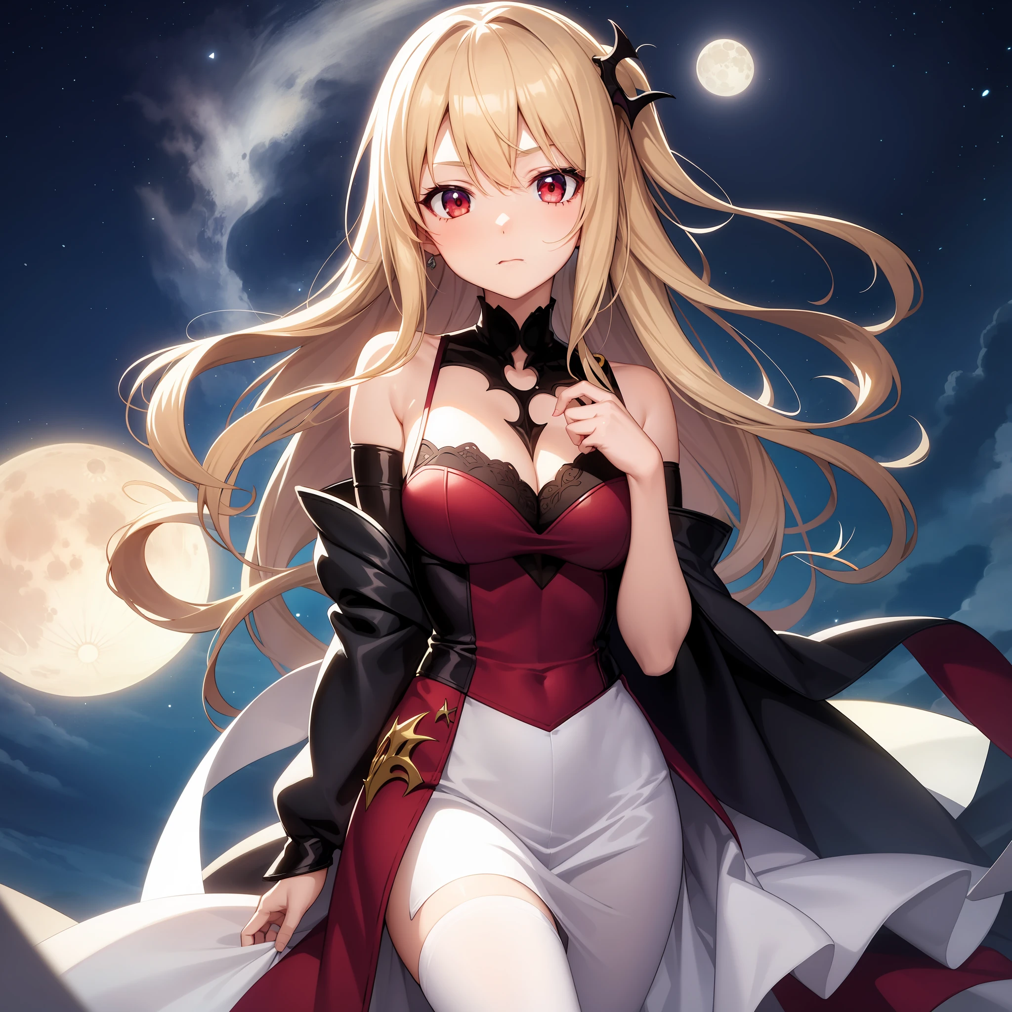 anime, girl single, blonde, red eyes, vampire, moon, night, cold expression