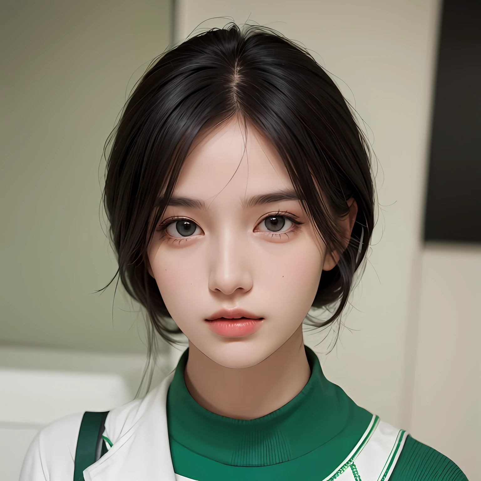 Photo realism, best quality, short black hair, beautiful girl, realistic face, big eyes, fair beautiful skin, long legs, wearing a short skirt in green and white, super realistic, high resolution --auto