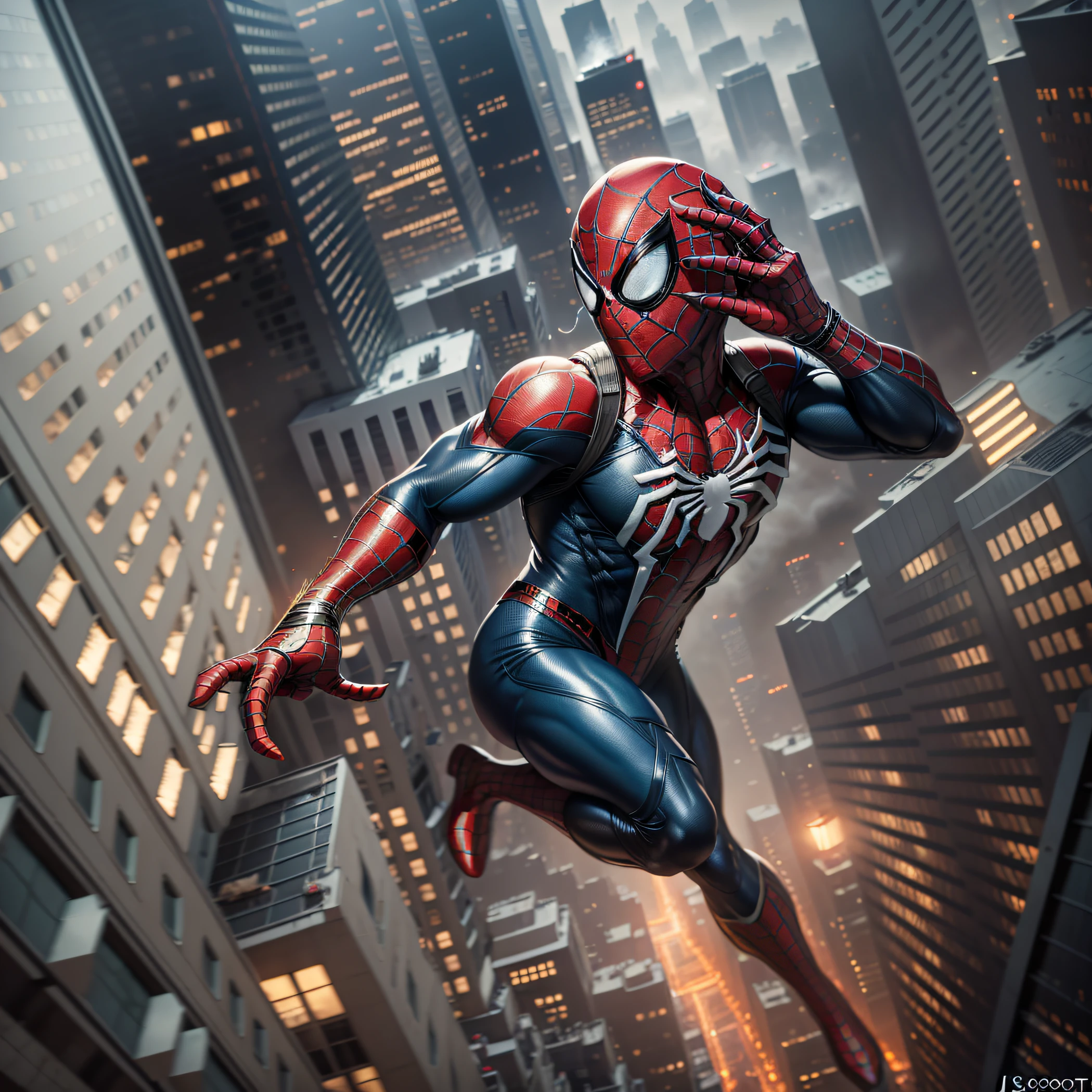 1boy, dark scene, (spider-man cowboy shot), (realistic:0.8), (medium movement|speed lines:0.25), (web between buildings), athletic, night town, (fog), particles, (light rain), male focus, mask, muscular:0.1, night, outdoors, rain, serious, dark atmosphere, city lights, (reflective glass), skyscrapers, new york city, detailed city background, dynamic pose, dramatic camera angle, (Art by J Scott Campbell:1.6), (volumetric lighting), (best quality), intricate details, tone mapping, sharp focus, very detailed, trend in Artstation, ((empty hands)), (good composition), (good proportions), (good architecture), (award-winning), (masterpiece), (masterpiece), centered: 0.15,