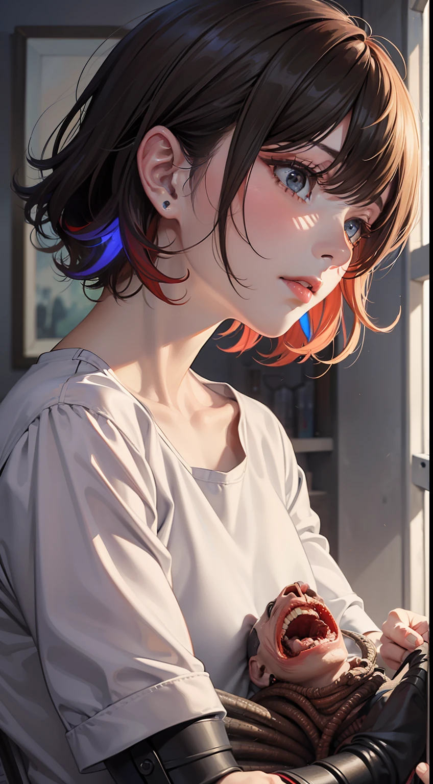 (Digital Artwork:1.3) of (Visual novel:1.3),(Romantic:1.3) male focus,white shirts,black eyes,black-brown hair|{short hair|buzz cut}, dramatical angle,intense angle,Hale and hearty,CGSociety,ArtStation,(Vivid Colors:1.3),monster,ugly,surgery,evisceration,morbid,cut,open,rotten,mutilated,deformed,disfigured,malformed,missing limbs,extra limbs,bloody,slimy,goo,Richard Estes,Audrey Flack,Ralph Goings,Robert Bechtle,Tomasz Alen Kopera,H.R.Giger,Joel Boucquemont,ArtStation,DeviantArt contest winner,thematic background
