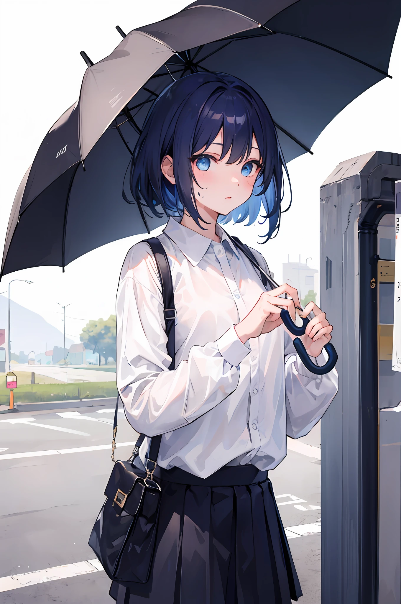 (1 girl: 1.1) ,,//, blue eyes, standing on the side of the road, sweaty, white shirt, umbrella