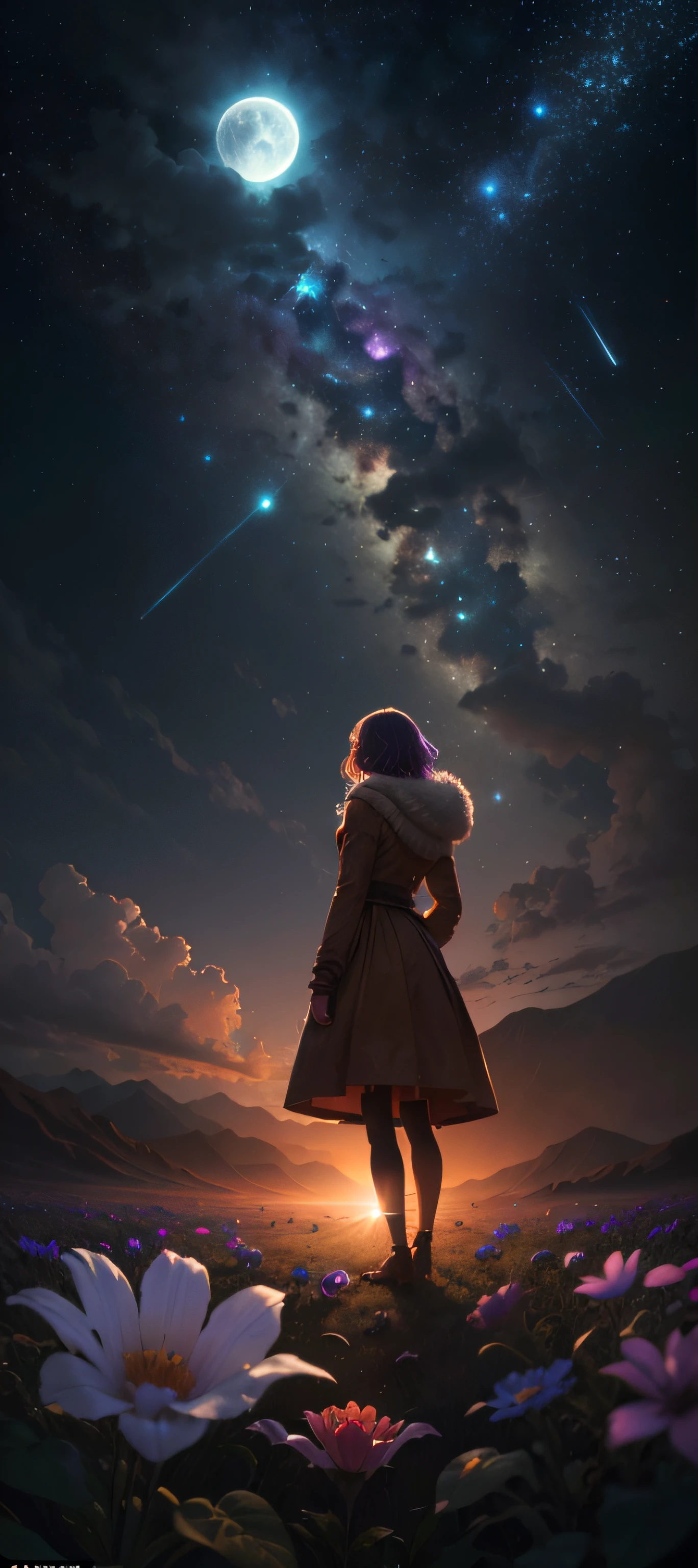 Vast landscape photo, (viewed from below, the sky is above and the open field is below), a girl standing on a flower field looking up, (full moon: 1.2), (meteor: 0.9), (nebula: 1.3), distant mountains , Trees BREAK Crafting Art, (Warm Light: 1.2), (Fireflies: 1.2), Lights, Lots of Purple and Orange, Intricate Details, Volumetric Lighting, Realism BREAK (Masterpiece: 1.2), (Best Quality), 4k, Ultra-Detailed, (Dynamic Composition: 1.4), Very Detailed, Colorful Details, (Rainbow Colors: 1.2), (Glow Lighting, Atmospheric Lighting), Dreamy, Magical, (Solo: 1.2)