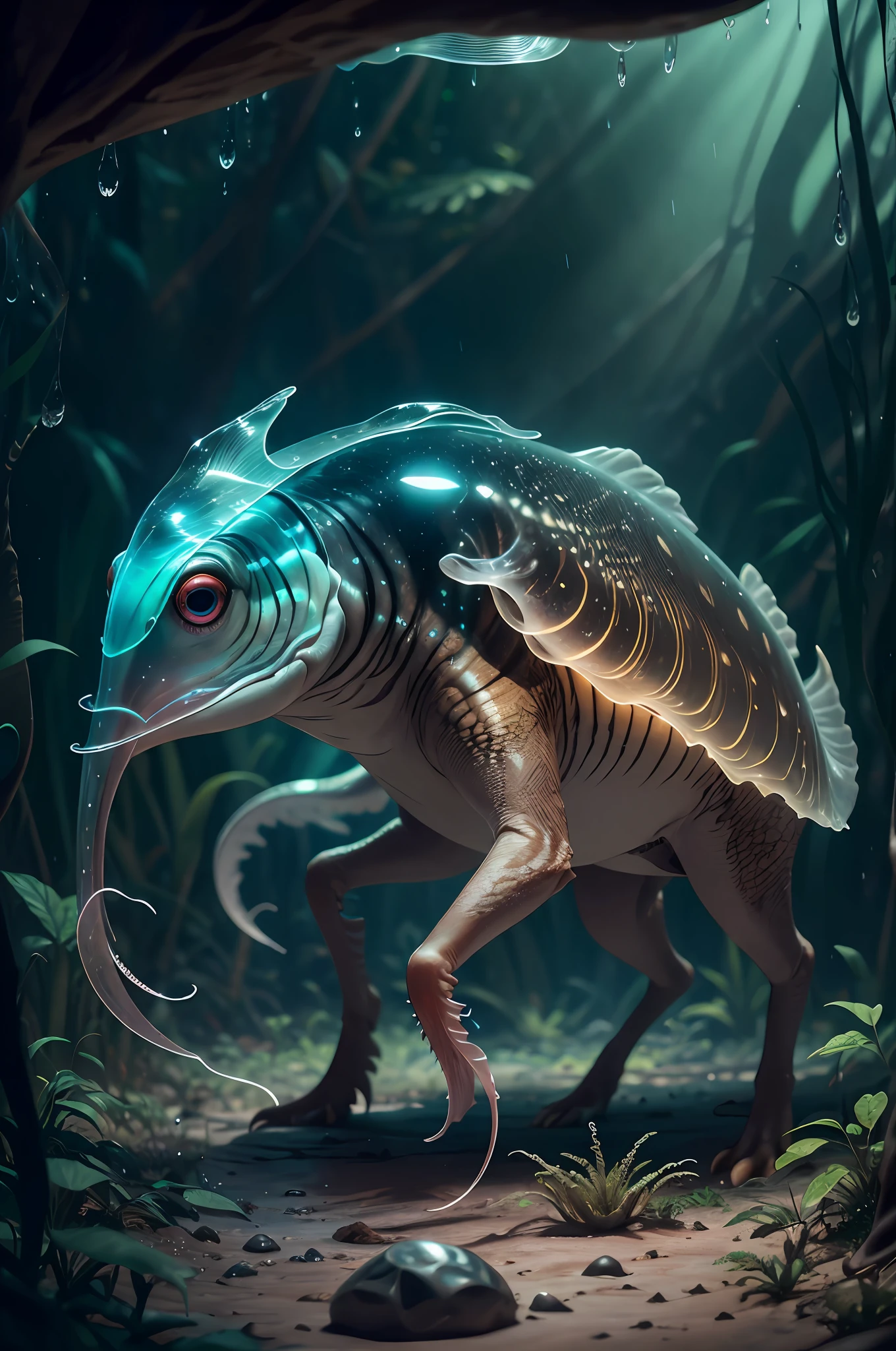 Big creature Luke dinozaur with six legs creature with transparent and lighting body, walking on all six legs, (((cuttlefish head))), ((four eyes)),jellyfish transparent body, six leghs, in the jungle, jungle, rain forest, high image quality, realistic look, high-resolution photography, 8K, full-frame matrix, deep shadows, ((one character)), (intricate details, subsurface scattering, hyperdetailed:1.15), (hyperrealism, volumetric lighting, sharp:1.5) Fujifilm XT3