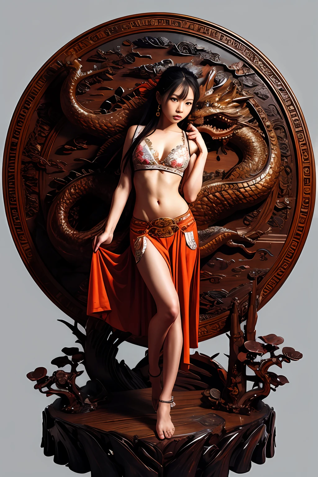 Handsome girl, 25 years old, Asian, master work, best picture quality, higher quality, high detail, super high resolution, (realistic: 1.4) 8k resolution, delicate facial features, girls, sexy body, tattoos, glowing eyes, short hair, gray hair, hair details, (full body: 0.6), detailed background , [[Look away, look to the side, emphasize femininity and pay attention to every detail , Open Hanfu transparent tulle jacket, unbuttoned jacket, naked chest, naked abs, soft medium breasts, Fa gong, Chinese kung fu, fingerless gloves, Wristbands, dragon themed costumes, monk robes, dynamic composition, wood, wood background, very much wood, wood around the body, dead wood, lots of branches background, Chinese wood carving, wood carving modeling crafts, holding wood carving magic vessels, night