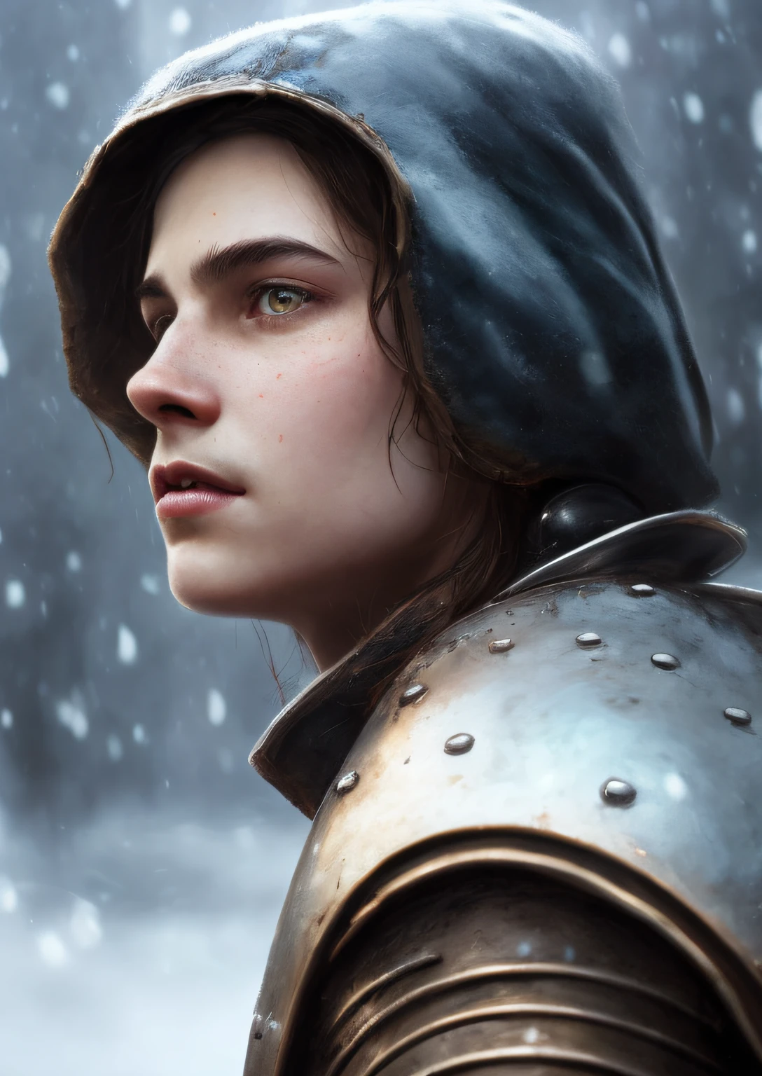close-up of a guy in armor with a hooded sword, portrait of a young warrior, winter,
smart, big blue eyes, ((smirk)), dirty hair, snow, wet, (insanely detailed: 1.5), ((analogue)), (top quality, Greg Rutkowski, Alexander Gerasimov, concept art, 4k), ((perfect body)), realistic, real shadow, (high sharpness), ((detailed pupils)), detailed face and eyes, trending on Artstation, fantasy art, andreas roch style
Masterpiece, Best Quality, Highly Detailed Photo:1, 8k, (beautiful detailed face), photorealistic, cinematic shooting on ultra-realistic leather canon 5d, Steve Henderson Fabian Perez Henry Asencio, Jeremy Mann Fantasy magical horror atmosphere by Marc Simonetti (highly detailed environment: 1.3)