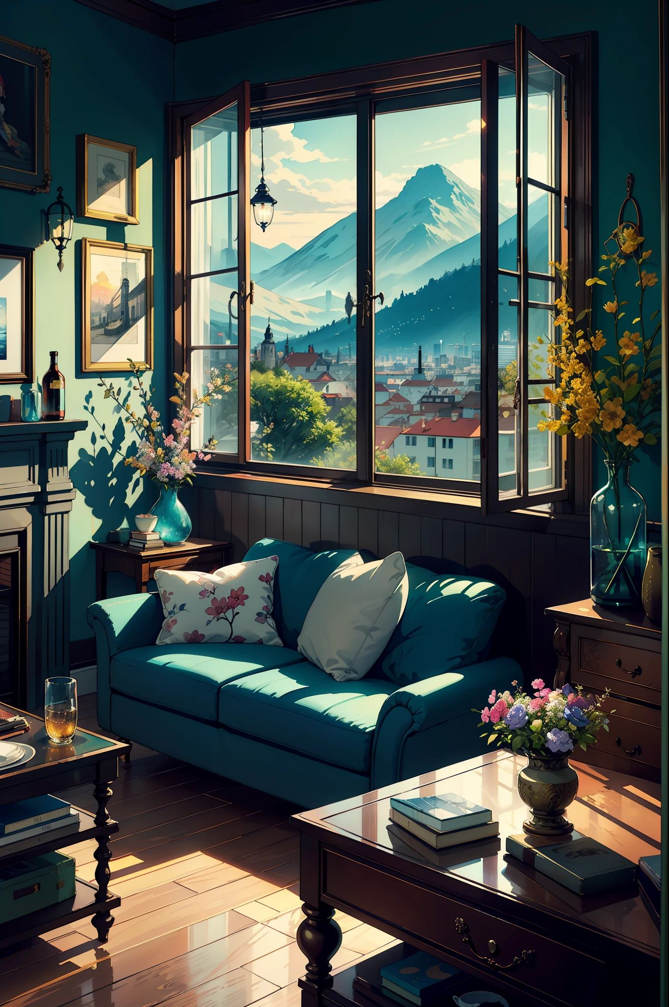 A masterpiece, an exquisite view from a large window, shelves with books, watercolor paintings, paintings on the walls, a fireplace, chic furniture, gold elements, figurines, pots with branches, bottles, glasses, cups, plates, crystal, a chest of drawers, a sideboard with a variety of books, dishes, a dreamcatcher, a neon garland, a multi-colored garland, highlights, an exquisite interior, a view from the window, a bridge, the sea, mountains, sunset, a city, neon light, night, a bed, a sofa,  pillows, sconces, flowers, daylight, bright room, illuminated room, lots of light