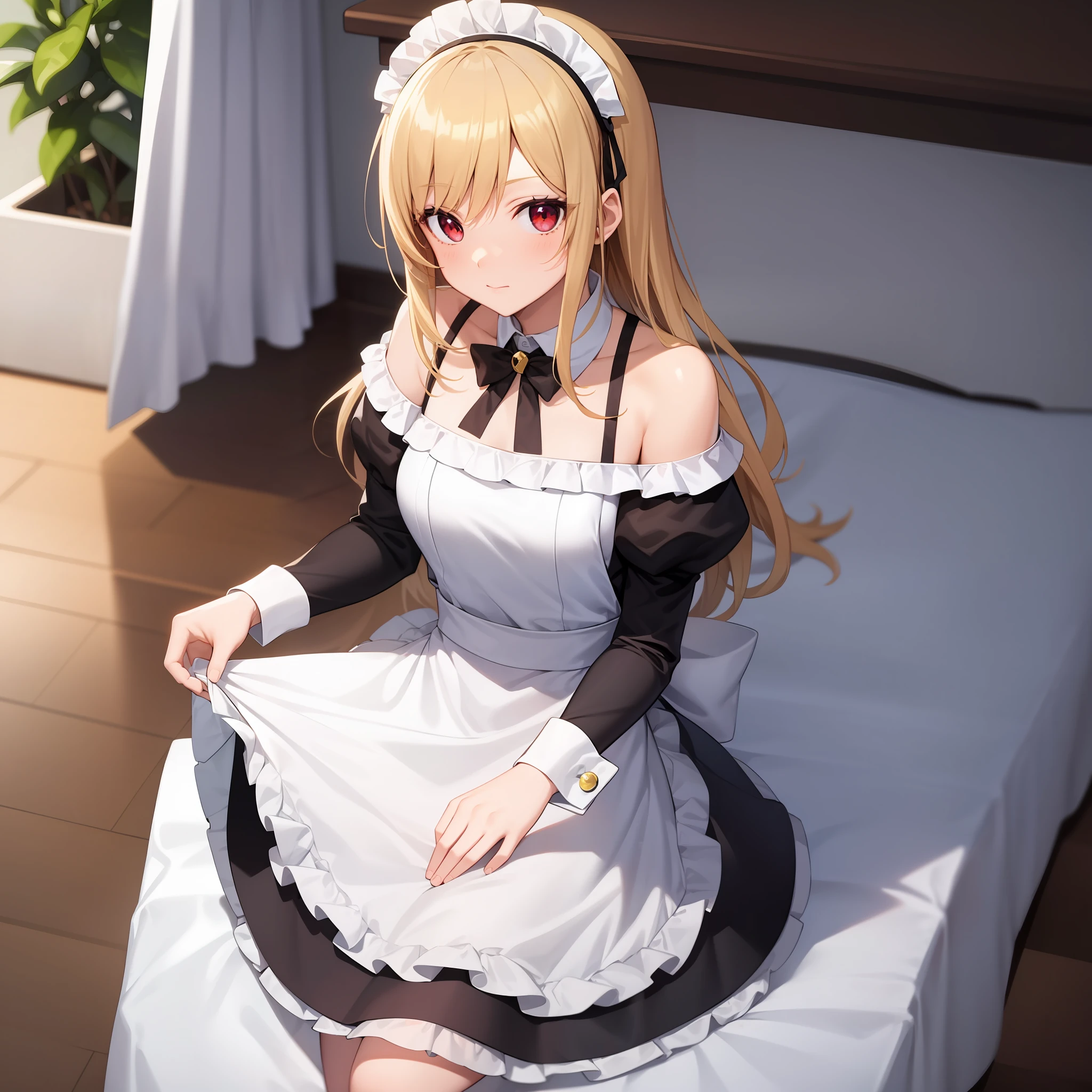 anime, girl single, blonde, red eyes, off-the-shoulder, maid outfit, solo