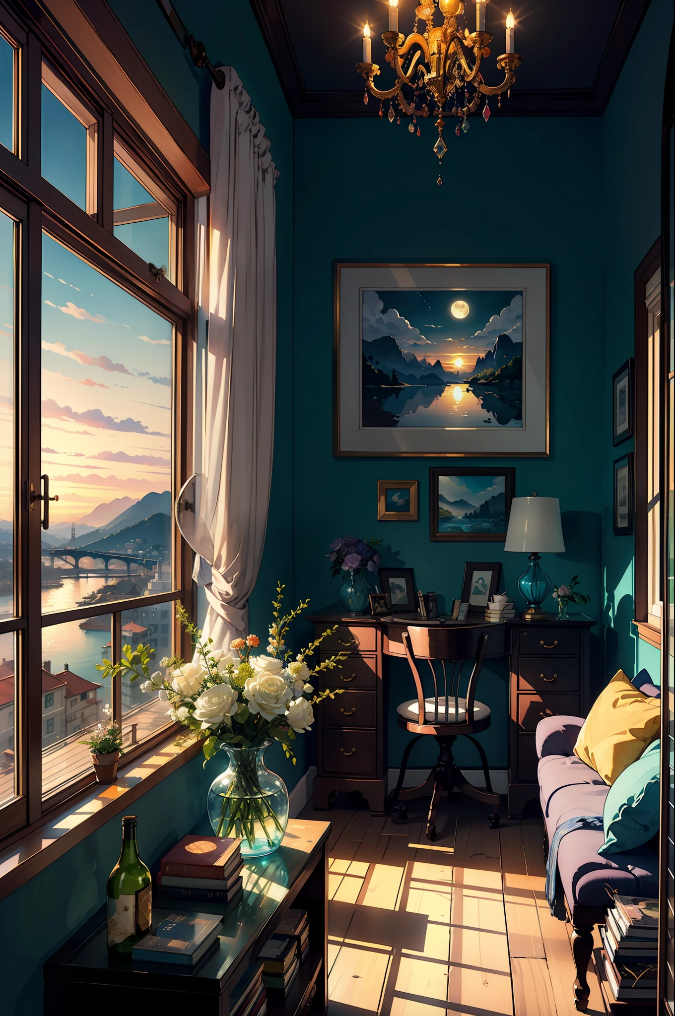A masterpiece, an exquisite view from a large window, shelves with books, watercolor paintings, paintings on the walls, a fireplace, chic furniture, gold elements, figurines, pots with branches, bottles, glasses, cups, plates, crystal, a chest of drawers, a sideboard with a variety of books, dishes, a dreamcatcher, a neon garland, a multi-colored garland, highlights, an exquisite interior, a view from the window, a bridge, the sea, mountains, sunset, a city, neon light, night, a bed, a sofa, pillows, sconces, flowers, daylight, bright room, illuminated room, lots of light