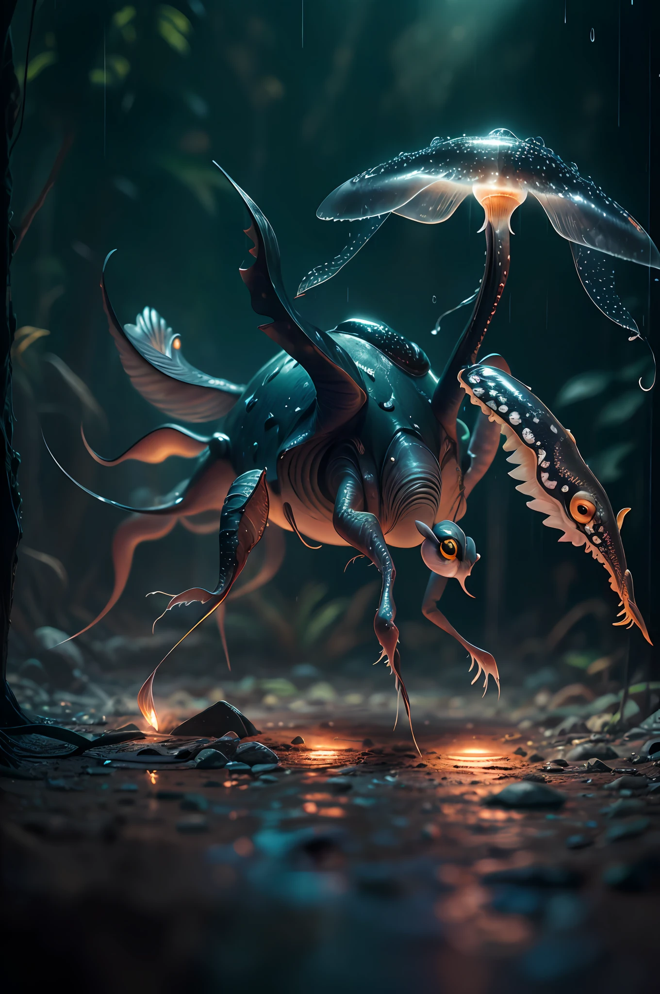 Big like six legs creature whith transparent and lighting body, walking on all six legs, (((cuttlefish head))), ((four eyes)), six leghs, in the jungle, jungle, rain forest, high image quality, realistic look, high-resolution photography, 8K, full-frame matrix, deep shadows, ((one character)), (intricate details, subsurface scattering, hyperdetailed:1.15), (hyperrealism, volumetric lighting, sharp:1.5) Fujifilm XT3