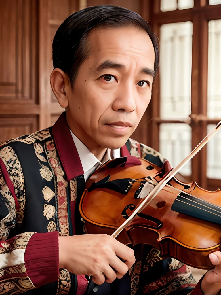 4k, Best quality, masterpiece, ultra high res, beautiful lighting, (realistic, photo-realistic:1.4), realistic background, jokowi, 1man, 50 years old, playing violin, The musician's fingers dance along the strings, caressing them with a tender touch. Each movement is deliberate and precise, as if engaged in an intimate conversation with the instrument. The hand glides effortlessly across the fingerboard, effortlessly navigating the intricate tapestry of notes. The musician's fingers dance along the strings, caressing them with a tender touch. Each movement is deliberate and precise, as if engaged in an intimate conversation with the instrument. The hand glides effortlessly across the fingerboard, effortlessly navigating the intricate tapestry of notes.