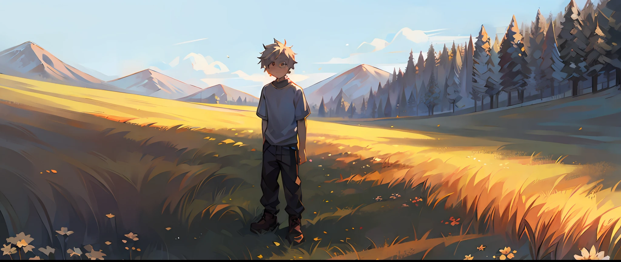 A boy, meadow, sunny day, melancholy, distant composition