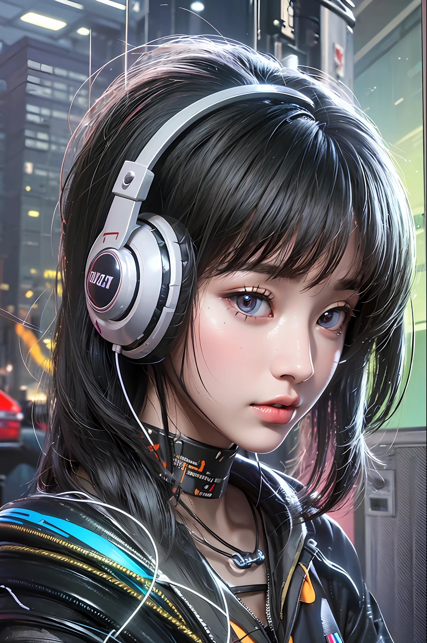 Top quality, masterpiece, ultra high resolution, (photorealistic: 1.4), raw photo, futuristic town perspective, futuristic skyscrapers, 10 year old girl standing on a futuristic street corner, black hair, glossy skin, 1 Gundam girl, (((ultra-realistic details)), sidmead-style mecha design, portrait, global illumination, shadow, octane rendering, 8K, Ultra Sharp, Big, Cleavage Exposed Raw Skin, Metal, Intricate Ornamental Details, Headset, Hydraulic Cylinder, Very Intricate Details, Realistic Light, CGSoation Trend, Purple Eyes, Glowing Eyes, Facing the Camera, Neon Details, Mechanical Limbs, Blood Vessels Connected to Tubes, Mechanical Vertebrae Attached to the Back, Mechanical Cervical Attachment to the Neck, sitting, wires and cables connecting to the head, Gundam suit, cyberpunk, small LED lamps,