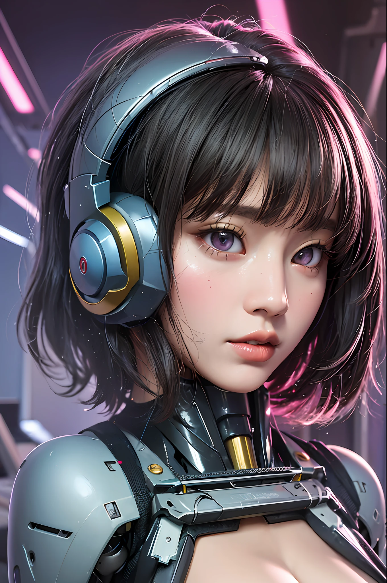 Top quality, masterpiece, ultra high resolution, (photorealistic: 1.4), raw photo, futuristic town perspective, futuristic skyscrapers, 10 year old girl standing on a futuristic street corner, black hair, glossy skin, 1 Gundam girl, (((ultra-realistic details)), sidmead-style mecha design, portrait, global illumination, shadow, octane rendering, 8K, Ultra Sharp, Big, Cleavage Exposed Raw Skin, Metal, Intricate Ornamental Details, Headset, Hydraulic Cylinder, Very Intricate Details, Realistic Light, CGSoation Trend, Purple Eyes, Glowing Eyes, Facing the Camera, Neon Details, Mechanical Limbs, Blood Vessels Connected to Tubes, Mechanical Vertebrae Attached to the Back, Mechanical Cervical Attachment to the Neck, sitting, wires and cables connecting to the head, Gundam suit, cyberpunk, small LED lamps,