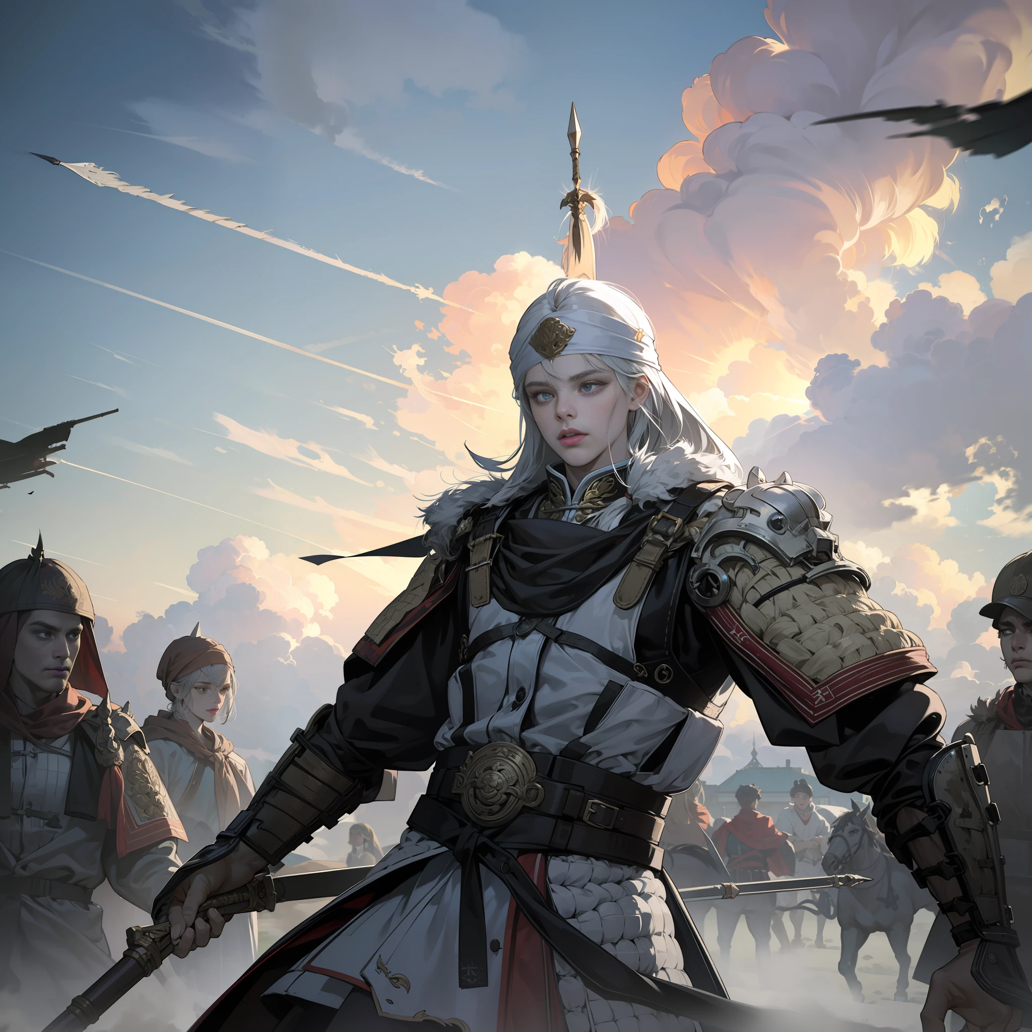 1 girl, gray pupils, textured skin, flowing clouds, epic weapon spear, and scene, floating hair, metal bandana, neatly arranged soldiers behind him, fighting action, riding a white horse, roaring, upper body, looking at the audience, best quality, 32k