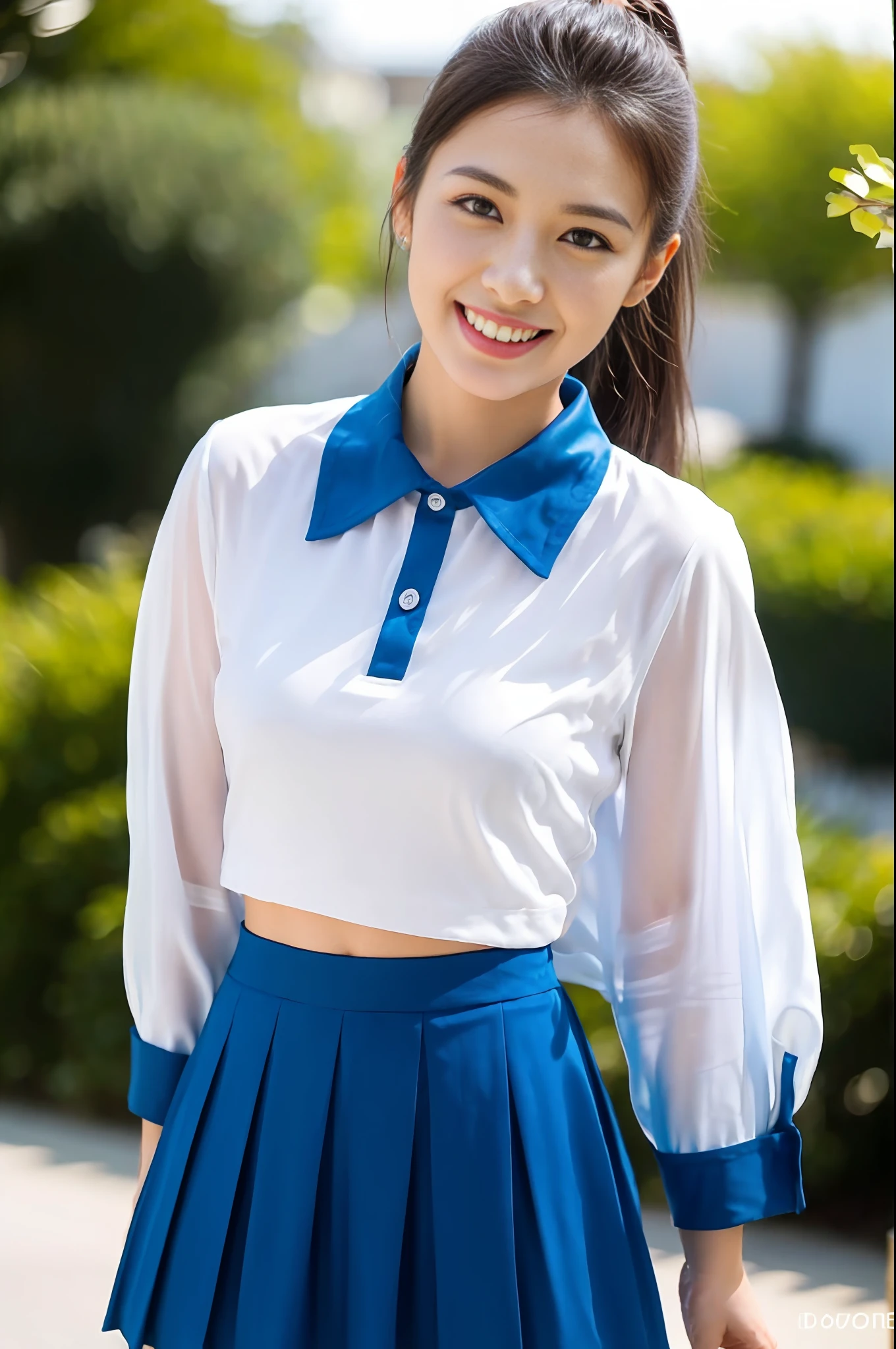 Best quality, masterpiece, ultra high res, RAW photo, (photorealistic:1.4), 1girl, detailed face, cowboy shot, in (white (silk) shirt with blue collar, blue (silk) pleated skater short skirt, outline of bra cups),large breasts, narrow waist:1.2), ponytail, bokeh, beautiful lighting, model posing, Chinese school girl, smiling, bright eyes
