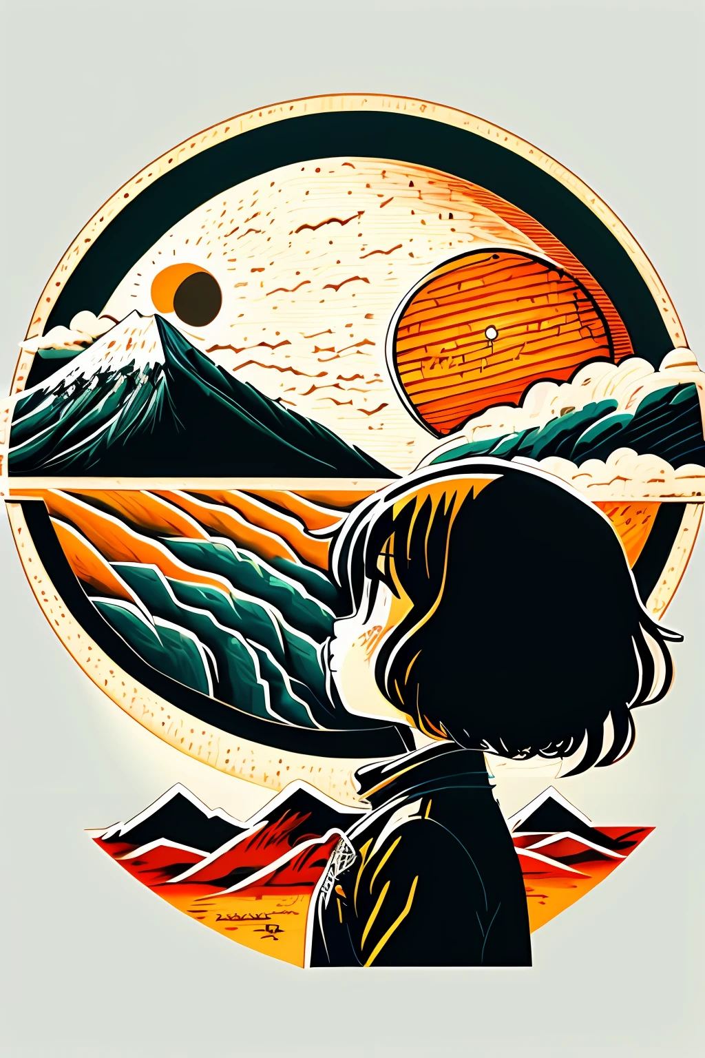 Detailed Japanese two-dimensional complex painting, a girl, big red sun in background, sparse clouds, bright colors, high contrast, mountain view, vector line art, pixel trend, anime concept art, awesome, matte, high quality, van Gogh