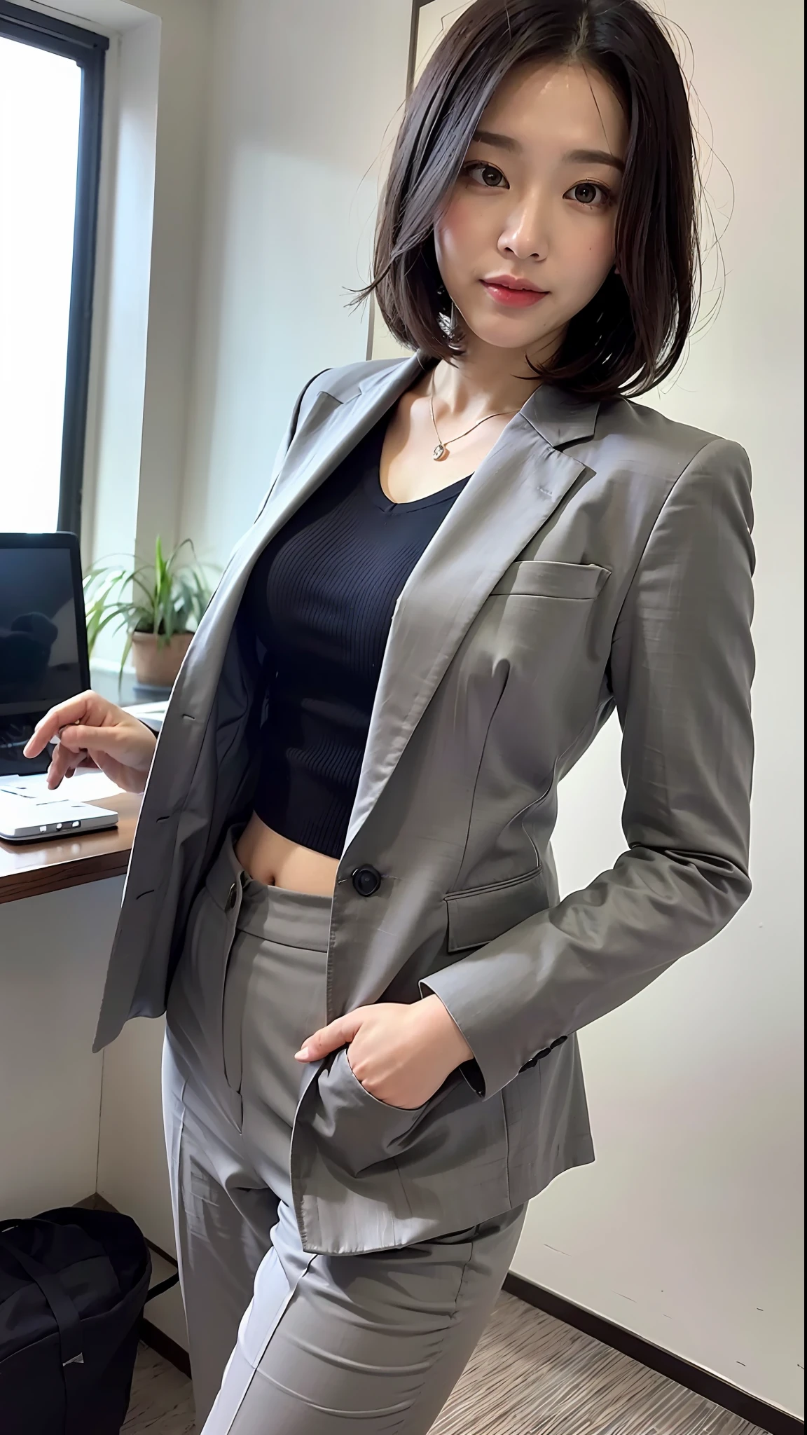(Best Quality, 8k, 32k, Masterpiece, UHD: 1.2), 1 girl, beautiful Japanese woman, narrow waist, gray suit, open jacket, office lady, suit, pants, office, desk, (sticking out hips: 1.2), detailed face, short hair,