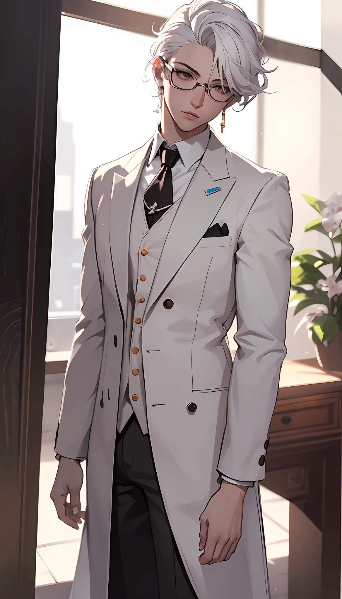 Young Man, Man, Male, Ultra Detailed, Very Detailed, Best Quality, Extremely Delicate and Beautiful, Very Detailed, CG, Unity, 8K Wallpaper, Amazing, Fine Details, Masterpiece, Best Quality, Official Art, Extremely Detailed, Boy, Albinism, White Hair, White Clothes, White Collar, Tiger Teeth, Lens viewed from above