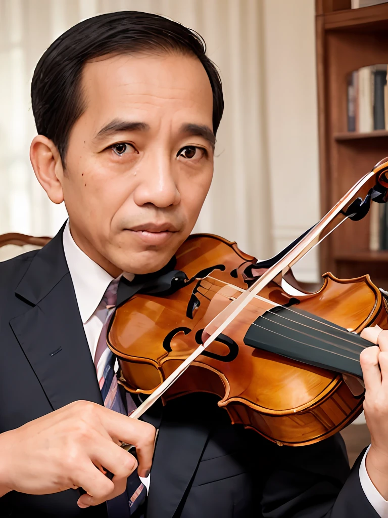 4k, Best quality, masterpiece, ultra high res, beautiful lighting, (realistic, photo-realistic:1.4), realistic background, jokowi, 1man, 50 years old, playing violin, Long shot, wide shot, full shot (shows full subject + surroundings). The musician's fingers dance along the strings, caressing them with a tender touch. Each movement is deliberate and precise, as if engaged in an intimate conversation with the instrument. The hand glides effortlessly across the fingerboard, effortlessly navigating the intricate tapestry of notes.