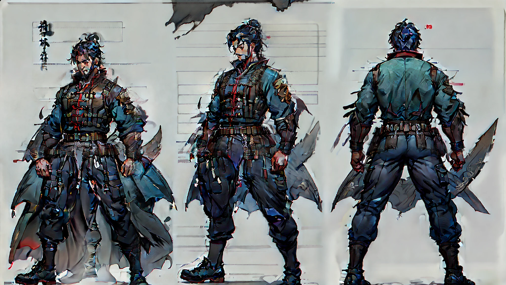 (Masterpiece, best quality) Traditional Chinese ink painting, ancient Chinese clothing, a full-fledged male character, warrior armor, a solo figure, full body armor, ancient Chinese village, dynamic angle, simple white background: 1.5, setting diagram, three-way view, character diagram, reference table, multi-view, three-sided view, three-sided view