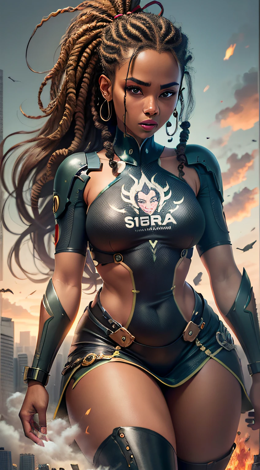 Vector T-shirt centered, isometric, A young girl, negroid, dark skin, with dreads for hair, she's a model, she's wearing a fashion dress, she's 20, Her hair is on fire, her hair is shivering flames, just like lina in dota 2, fire, her hair is pure fire, she is black, has dark skin, confident, commanding, robotic landscape, 4k, hd, ultrarealistic, realism