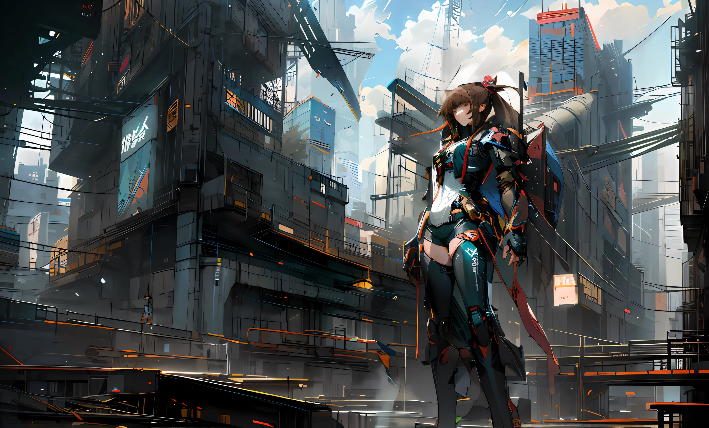 anime - style artwork of a woman with high ponytail and brown hair in a futuristic city, cyberpunk anime girl mech, digital cyberpunk anime art, anime cyberpunk art, girl in mecha cyber armor, cyberpunk anime girl, digital cyberpunk - anime art, female cyberpunk anime girl, cyberpunk anime art, mechanized valkyrie girl, high quality digital concept art, mecha asthetic
