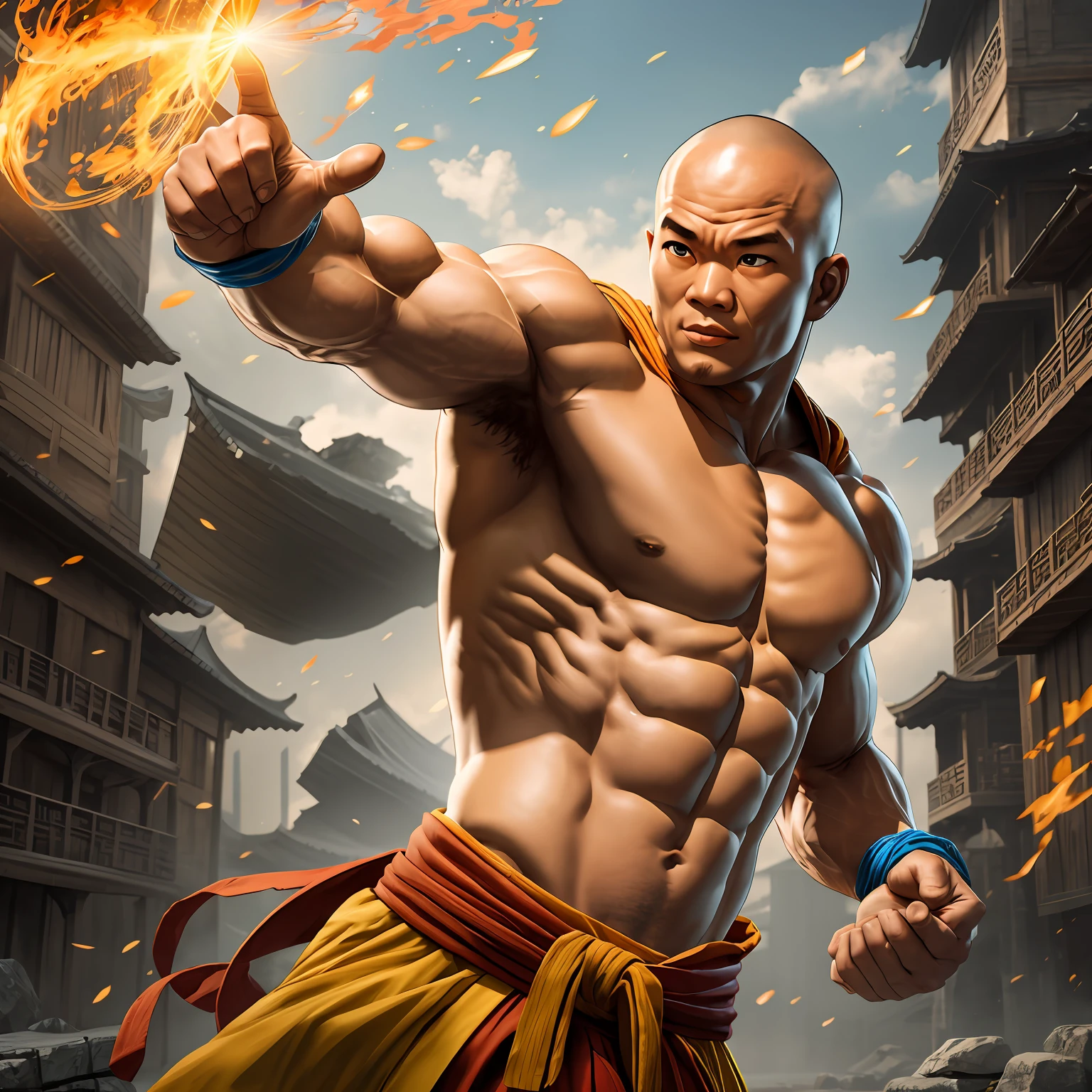 . Shaolin monk hyper - detailed, make a super power fist and destroys the world, cinematic 8k --auto